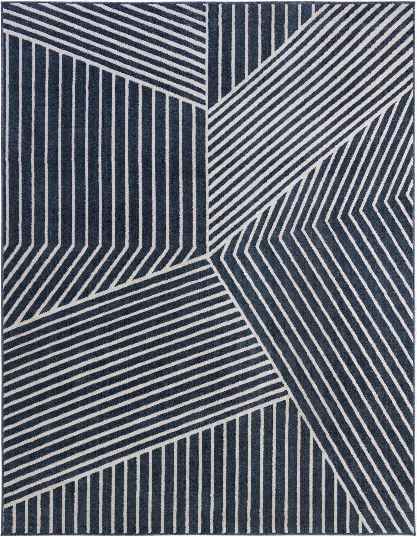 A rectangular 8x11 blue area rug with a modern geometric pattern of varying white stripes.