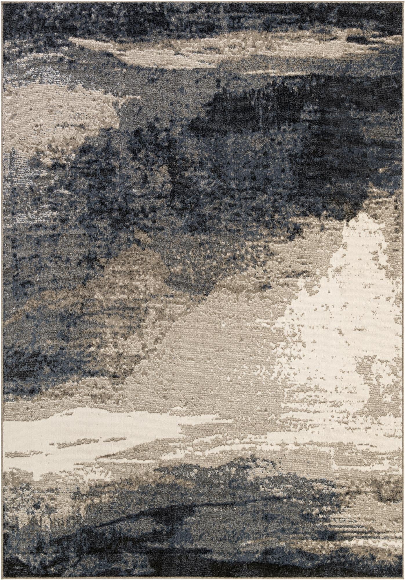 A rectangular 8x11 modern area rug featuring an abstract pattern in varying shades of blue, grey, and cream.