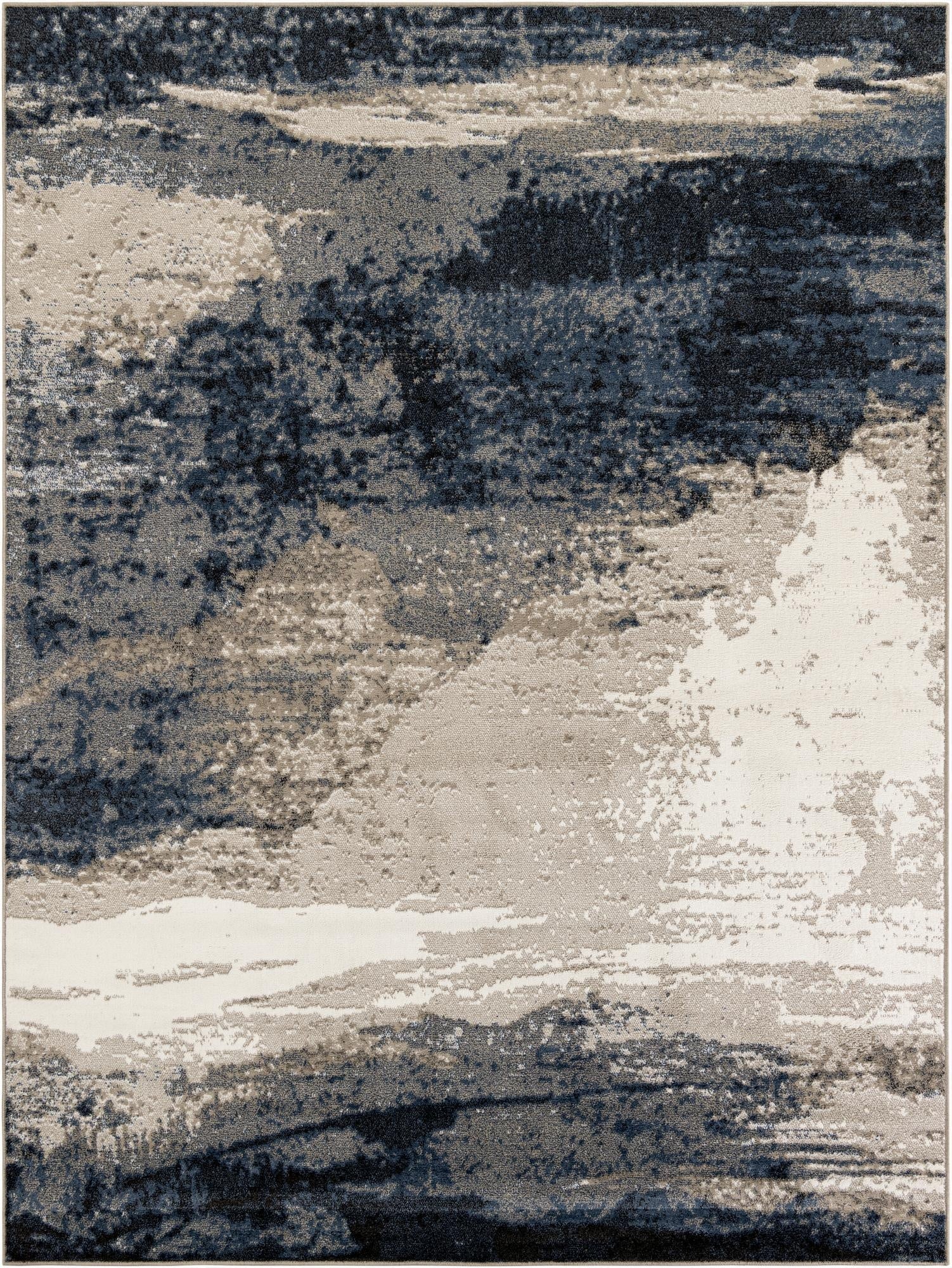 A 9x12 rectangular modern abstract rug featuring a blend of blues, grays, and creams, ideal for a living room.