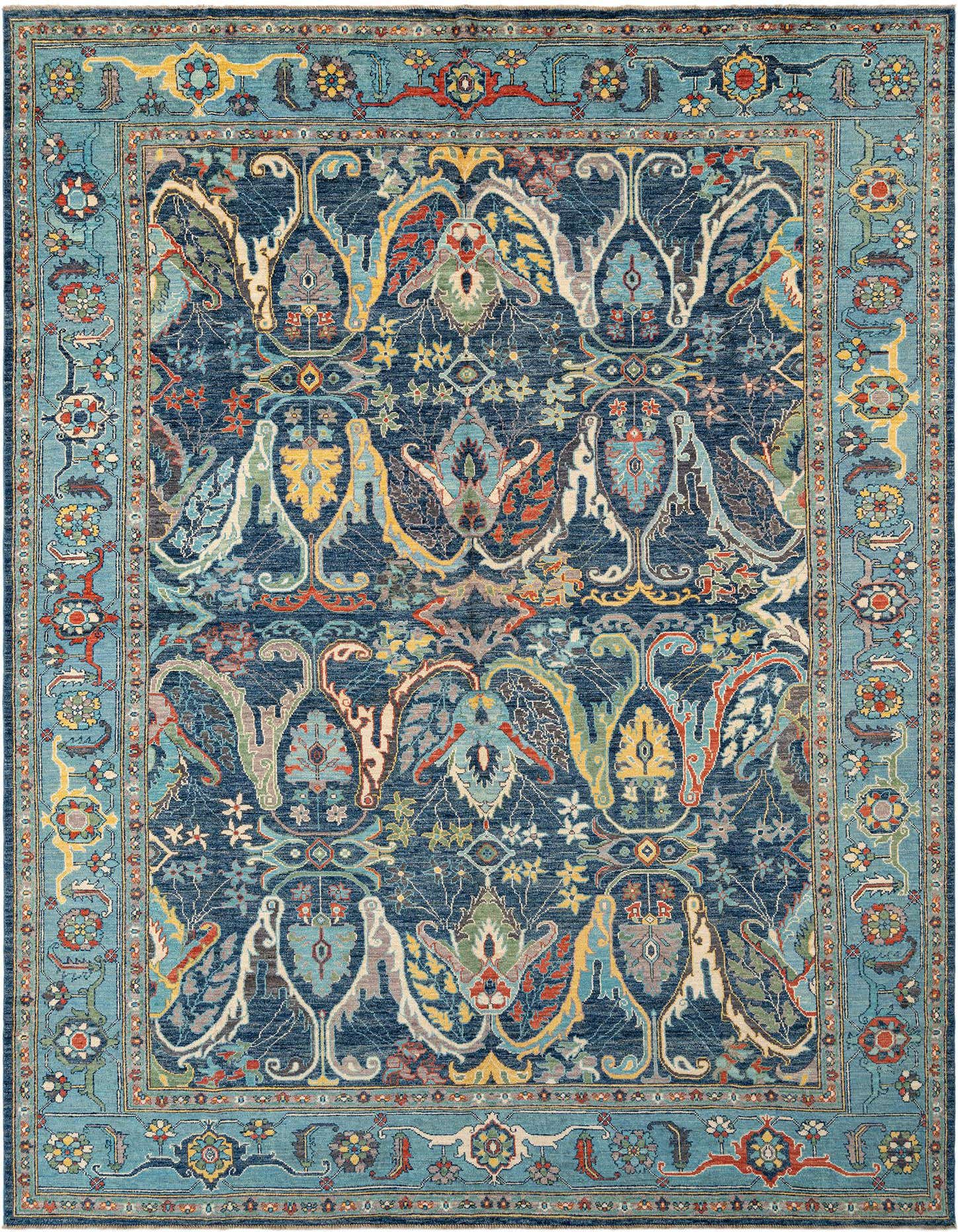 A rectangular Oushak Persian rug featuring a complex floral and medallion pattern in shades of blue, yellow, red, and green, with a light blue border.