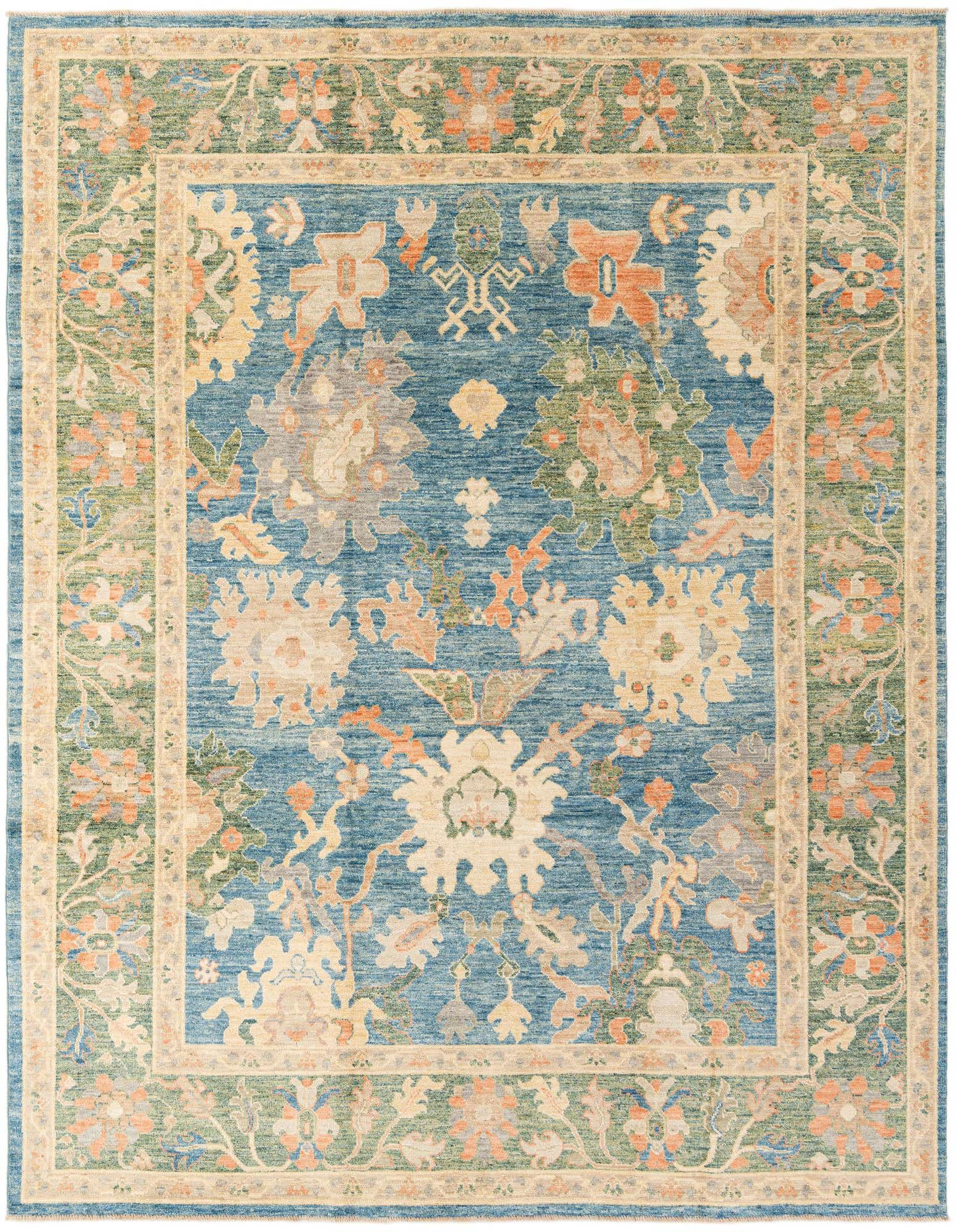 A rectangular 8x10 blue Oushak rug with a modern floral pattern and an intricate border.