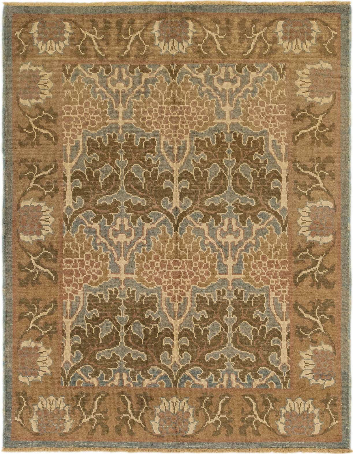 A 6x9 rectangular Oushak rug with a traditional pattern in shades of blue, brown, and tan, featuring a floral border.