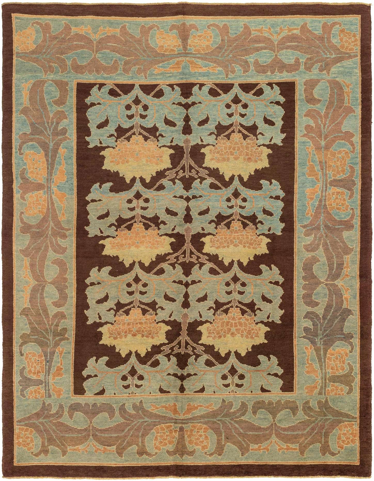 A large 10x16 rectangular Oushak wool rug featuring a traditional floral pattern in blues, browns, and oranges.