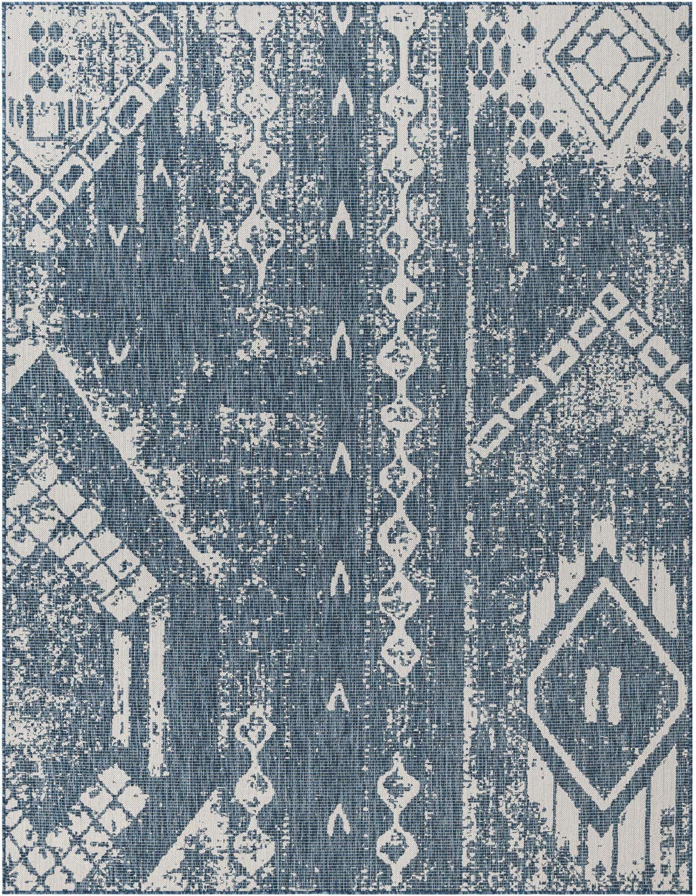 A 7x10 rectangular blue and white indoor/outdoor rug with a distressed traditional geometric pattern.