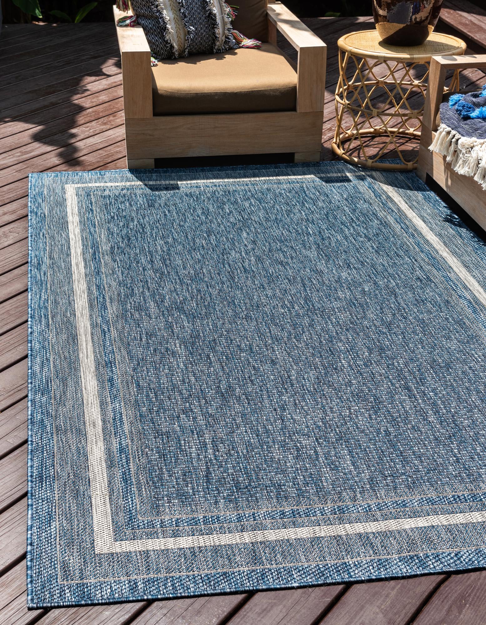  Custom Blue  Washable Border Indoor / Outdoor Rug