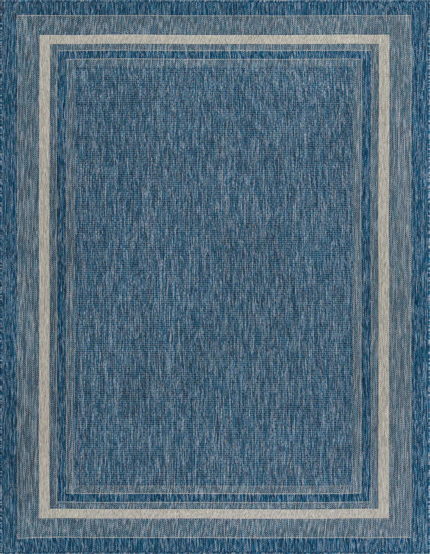 A 7x10 rectangular blue indoor/outdoor rug with a modern solid design and a light blue and white border.