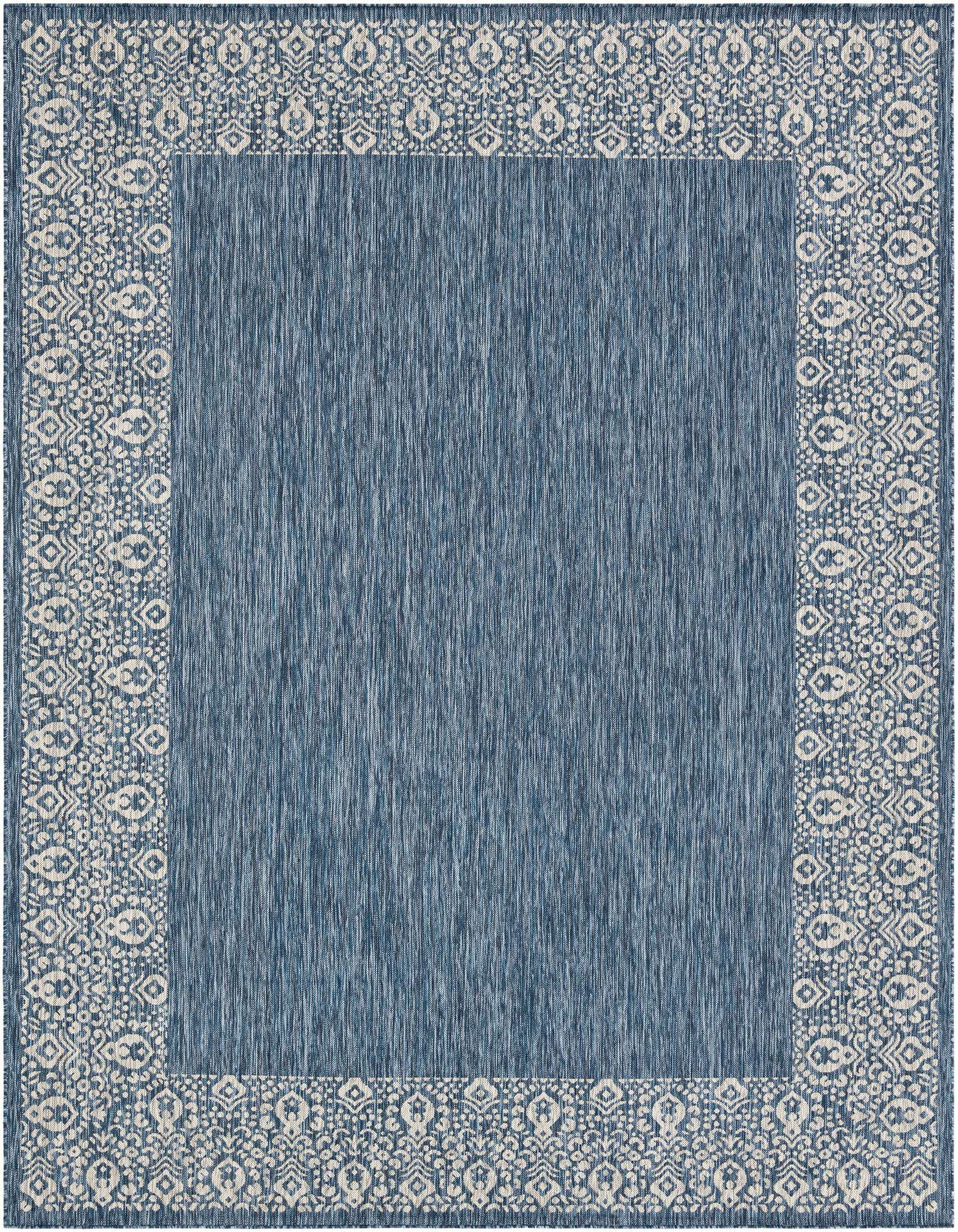 A 9x12 rectangular blue indoor/outdoor rug with a light blue traditional border pattern, suitable for a patio or living room.