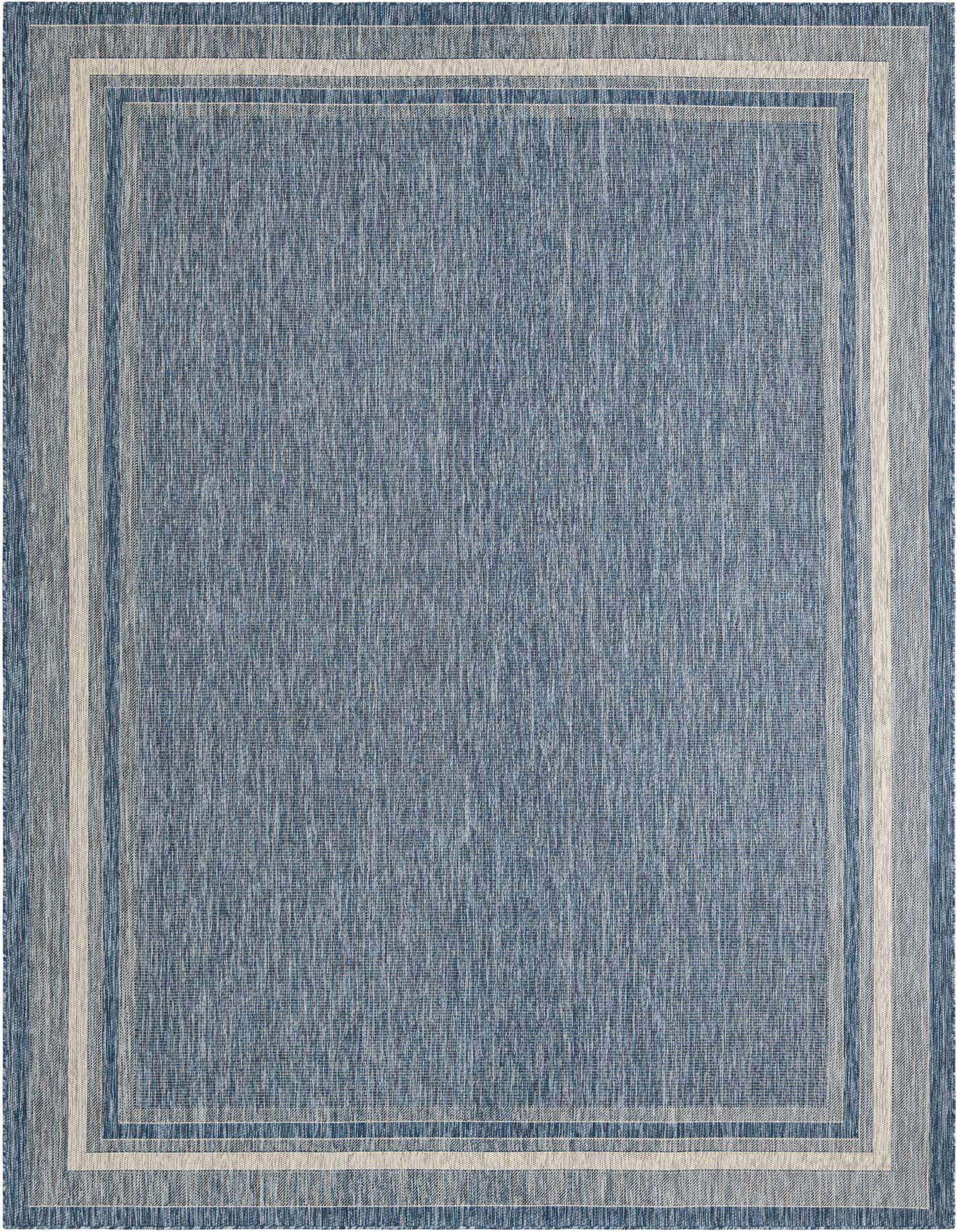 A 10x14 rectangular blue indoor/outdoor rug with a modern border design, suitable for a patio.