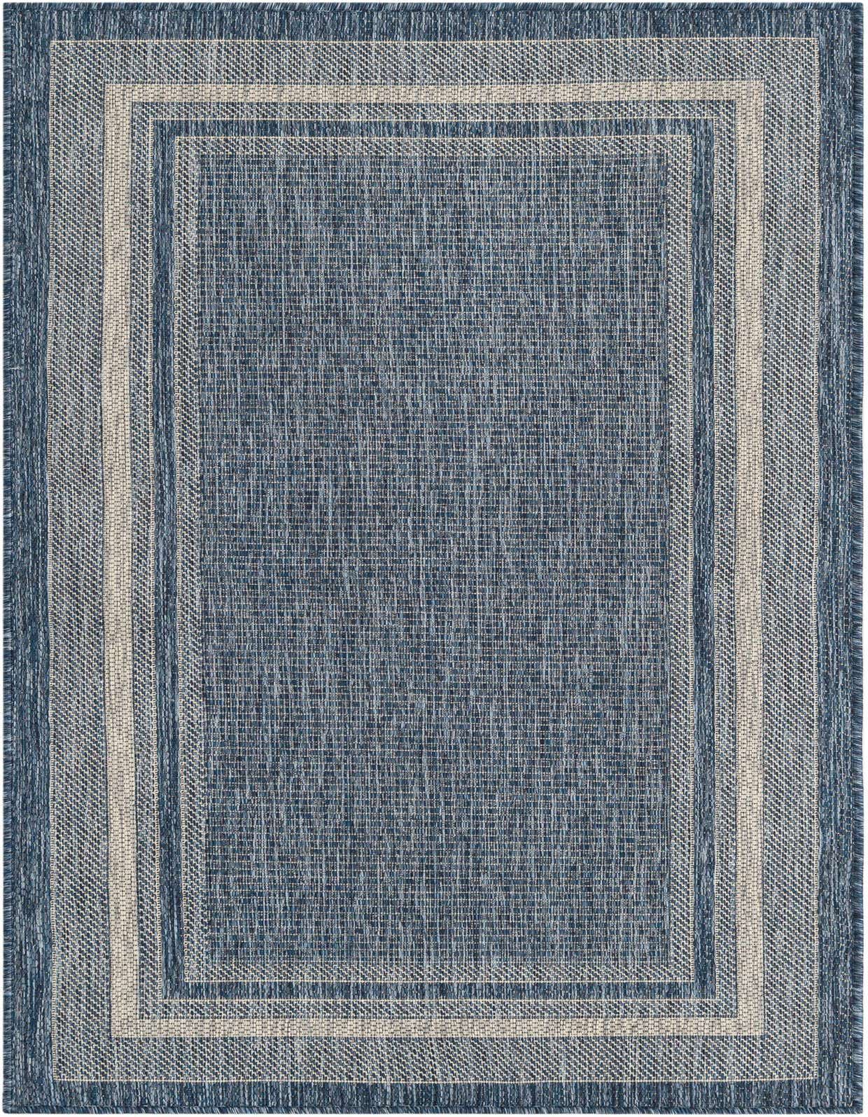 A 3x5 rectangular blue indoor/outdoor rug with a textured, solid blue center and a light blue and beige border.
