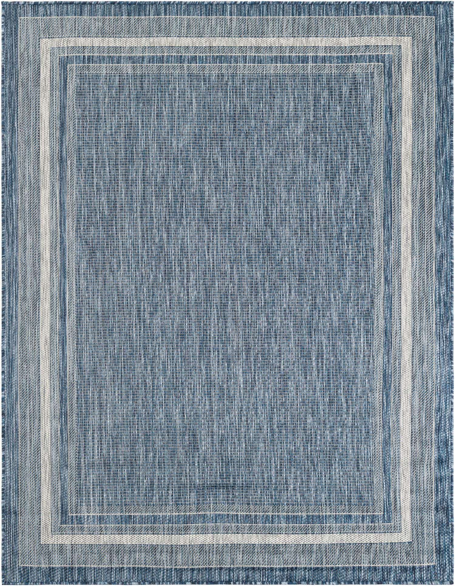 A 5x7 rectangular blue modern indoor/outdoor rug with a subtle border design, suitable for a patio.