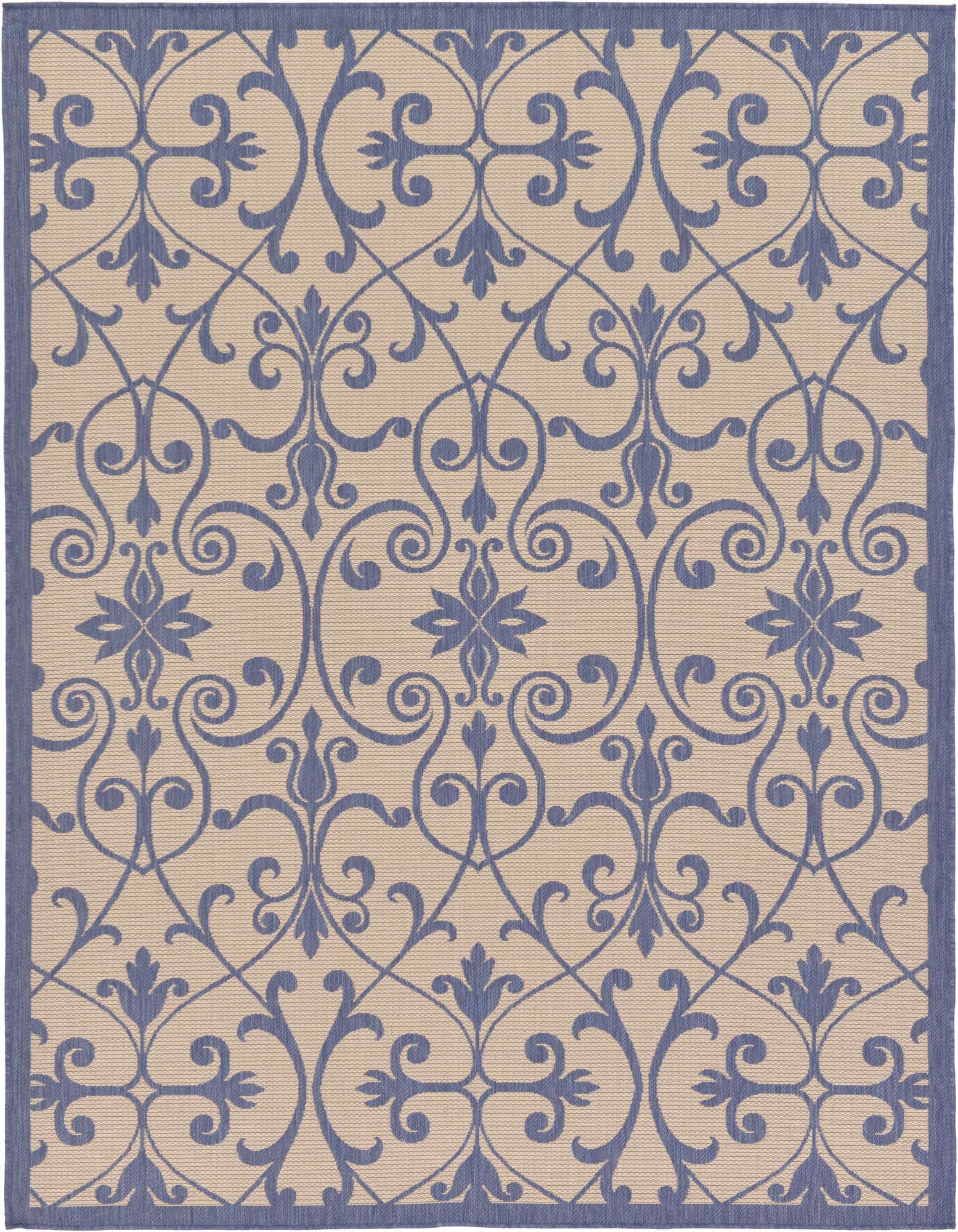 A 7x10 rectangular flatweave rug with a traditional botanical medallion pattern in blue on a beige background, featuring a blue border.