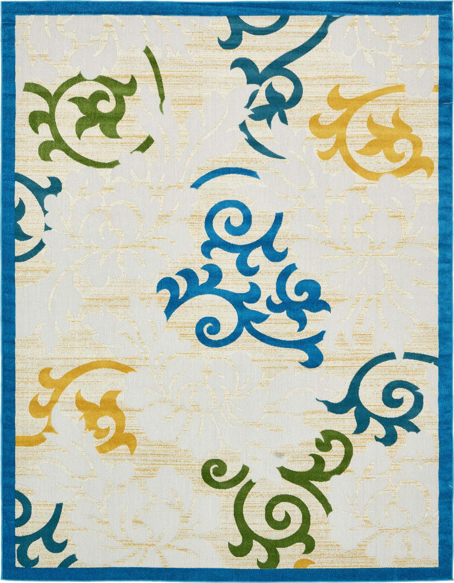 A 9x12 rectangular indoor/outdoor rug with a blue border and a cream background featuring large blue, green, and yellow botanical patterns.