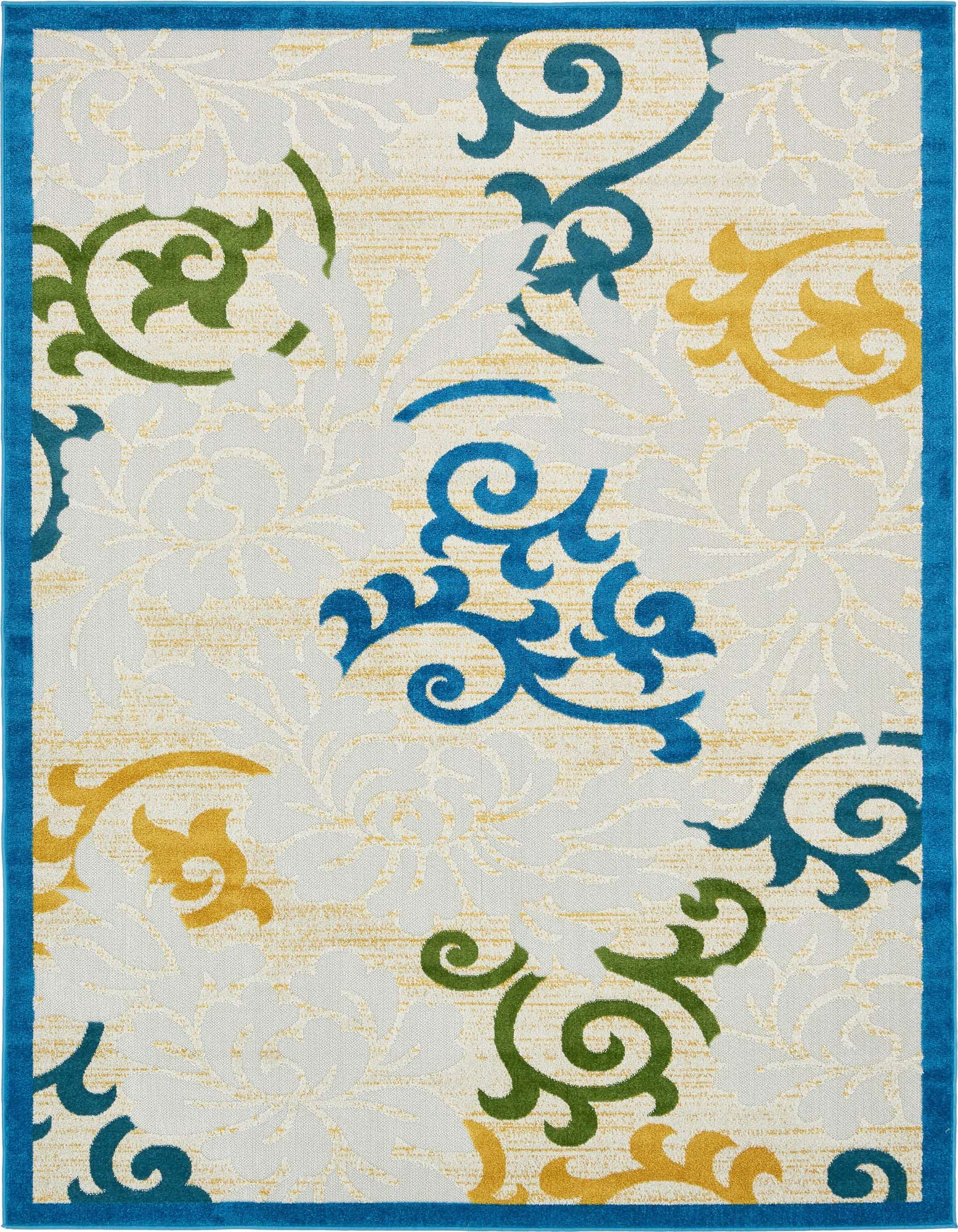 A 6x9 rectangular blue outdoor rug with a vibrant botanical pattern in blue, green, and yellow on a cream background, featuring a textured flat pile.