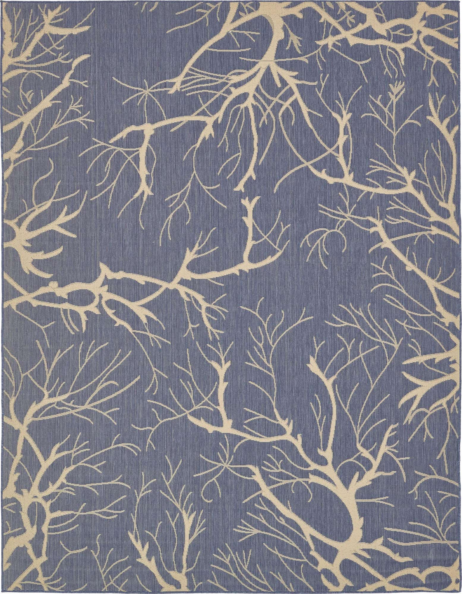 An 8x11 rectangular blue indoor/outdoor rug with a light beige coral or tree branch pattern, suitable for a patio or living room.