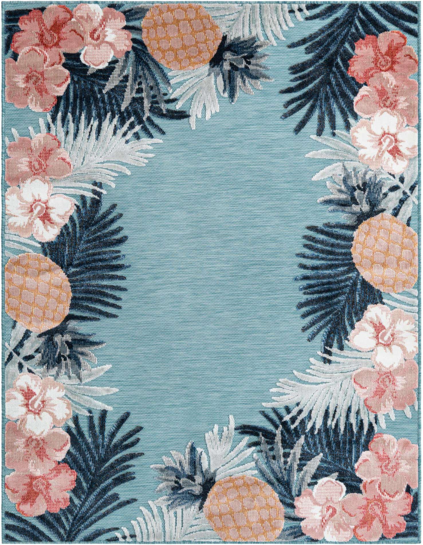 A 4x6 rectangular blue rug with a tropical border of pink hibiscus flowers, pineapples, and palm fronds, suitable for indoor or outdoor use.