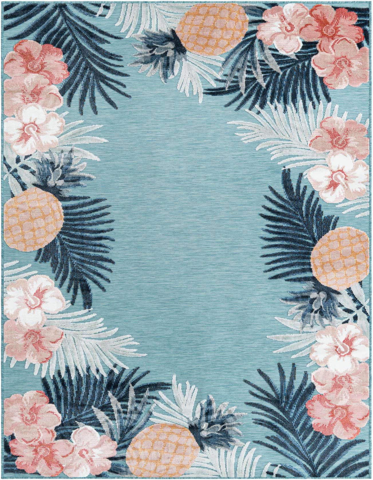 A 5x8 rectangular blue rug with a tropical border of pink flowers, pineapples, and palm leaves, suitable for indoor or outdoor use.
