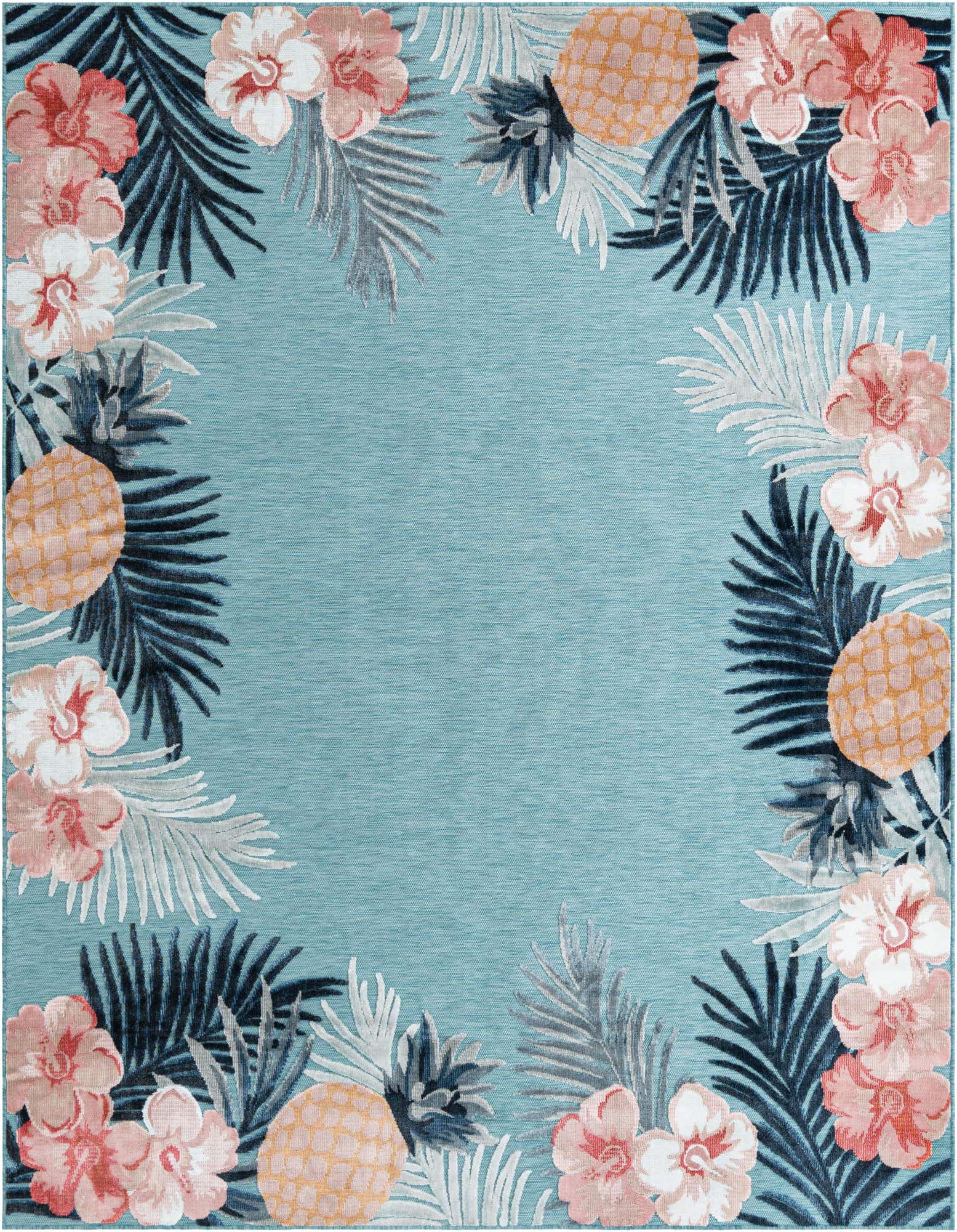 An 8x10 rectangular blue rug featuring a vibrant border of pink and white hibiscus flowers, green palm fronds, and pineapples, perfect for an indoor or outdoor space.