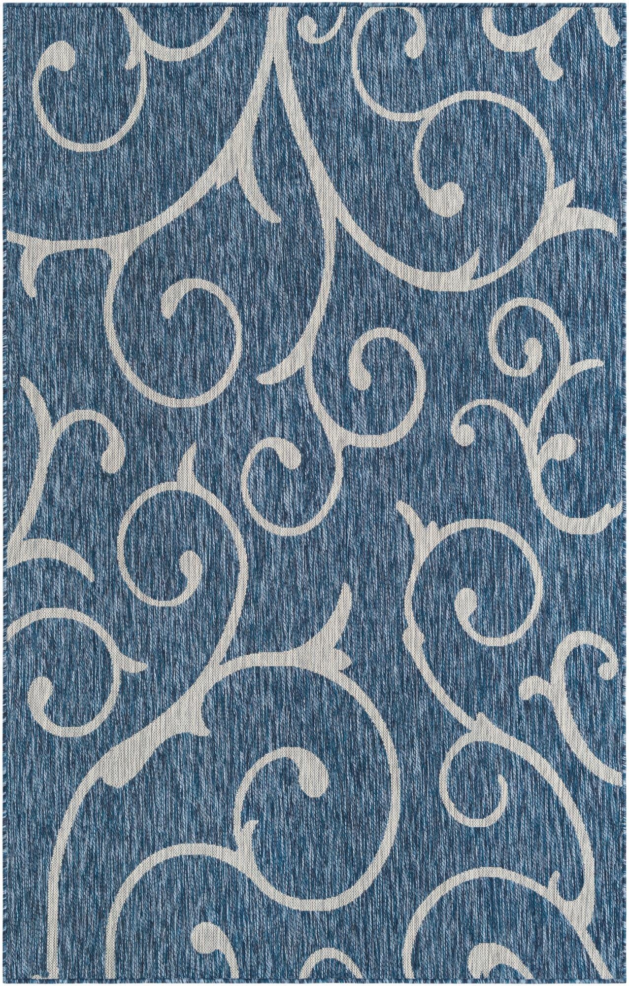  Custom Blue  Washable Botanical Indoor / Outdoor Rug