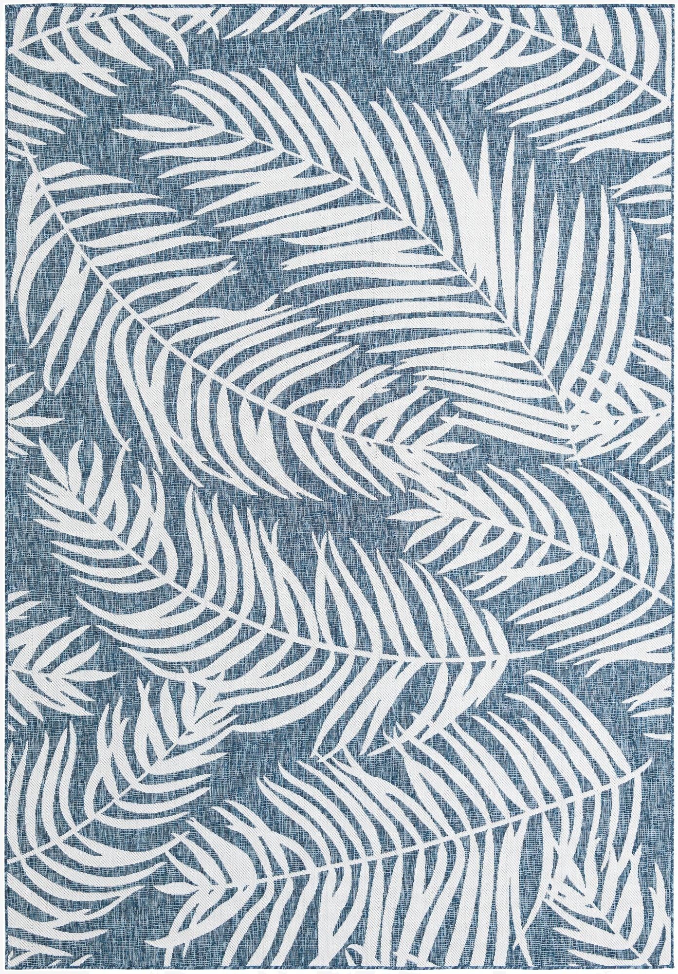 A rectangular 8x11 blue and white indoor/outdoor rug with an overlapping tropical palm leaf pattern.
