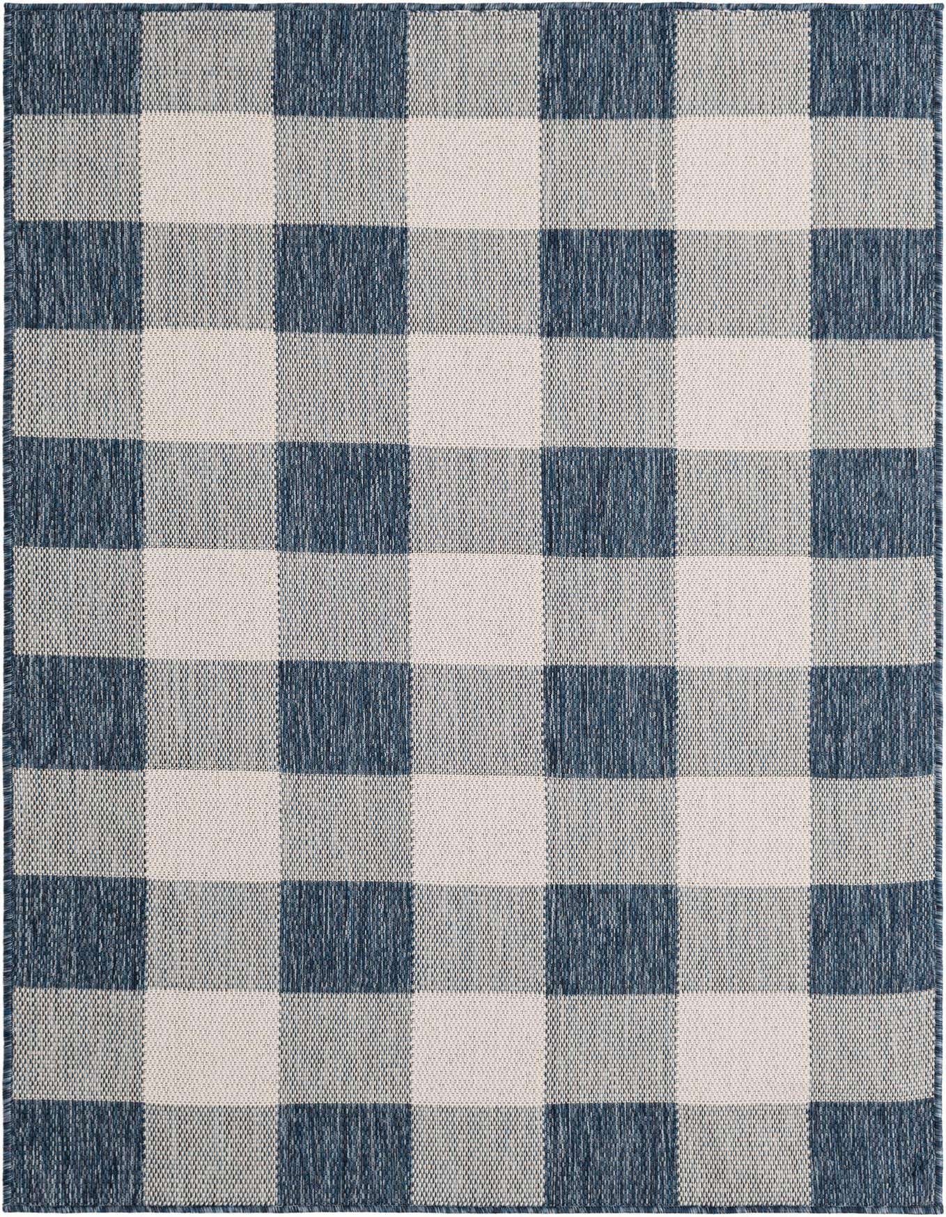 A 4x6 rectangular indoor/outdoor rug featuring a large blue and off-white checkered pattern.