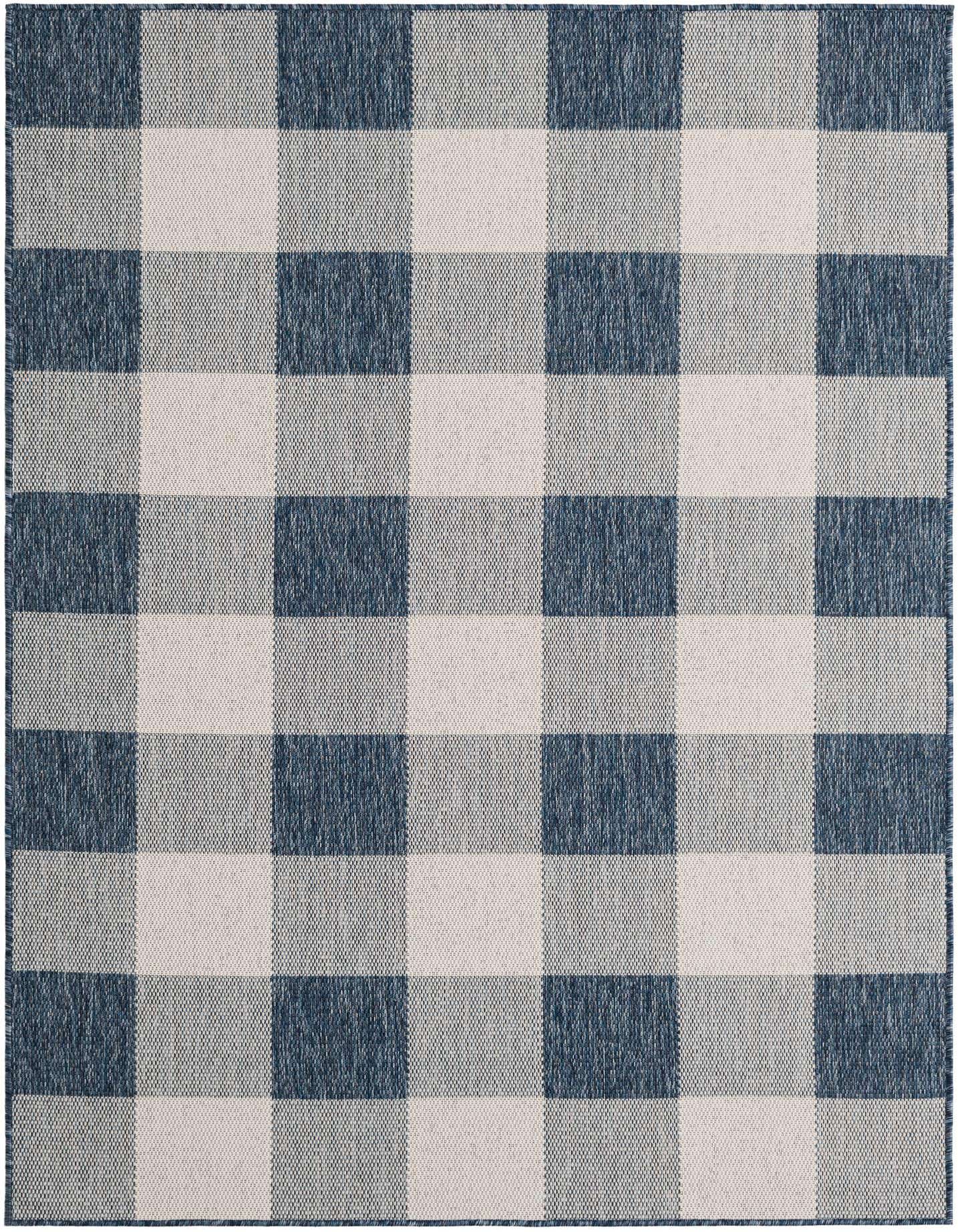 A 5x7 rectangular blue and white checkered rug with a flatweave texture, suitable for indoor or outdoor use.