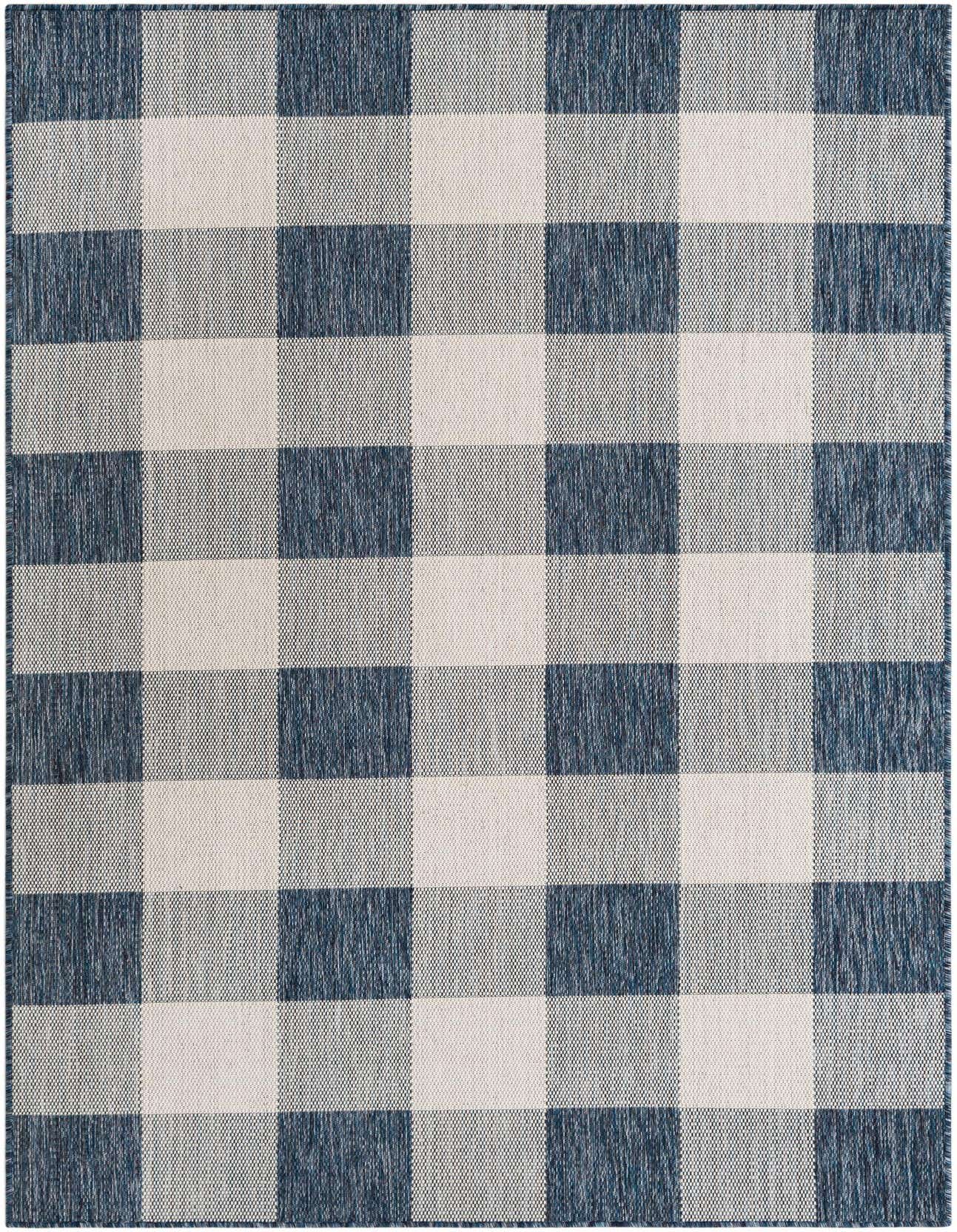 A 5x8 rectangular indoor/outdoor rug featuring a large blue and off-white checkered pattern, suitable for a patio or living room.