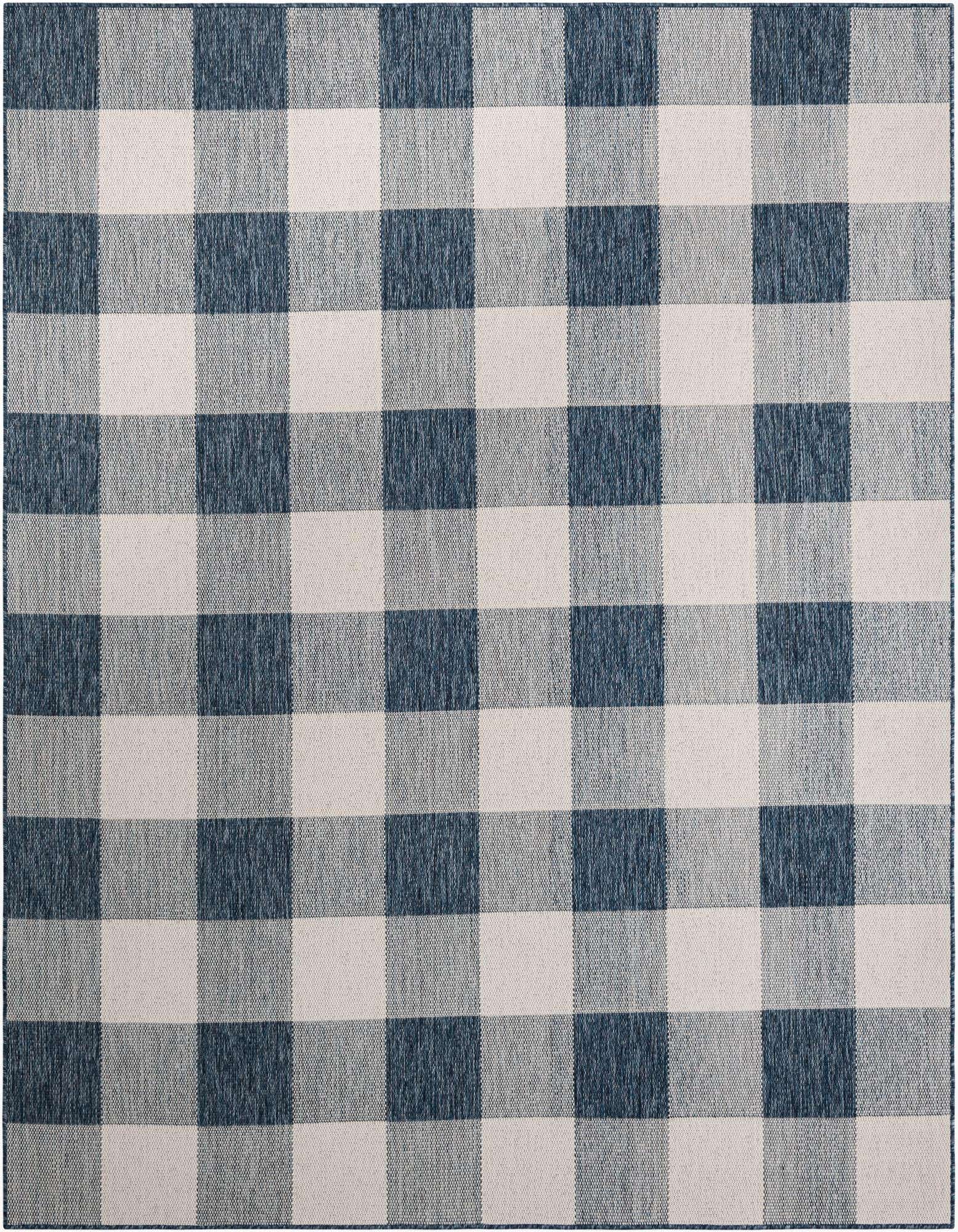 An 8x10 rectangular blue and white checkered rug with a modern flatweave texture, suitable for indoor or outdoor use.