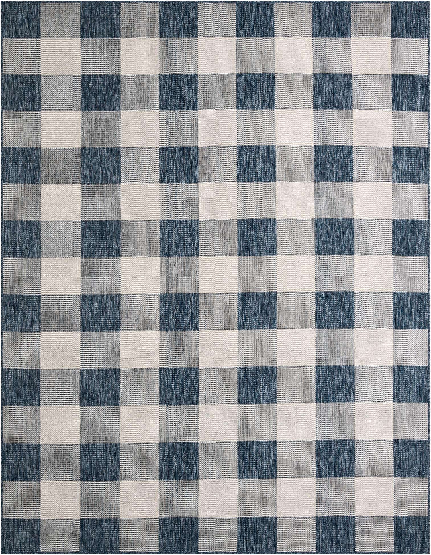 A 9x12 rectangular indoor/outdoor rug featuring a modern blue and off-white checkered pattern, ideal for a patio or living room.