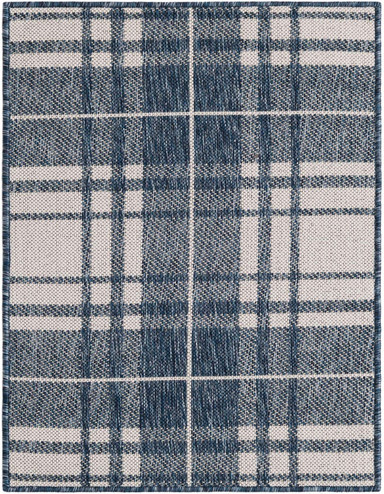 A 2x3 rectangular Rugs.com Outdoor Checkered rug featuring a modern blue and white plaid pattern with a flatweave texture.