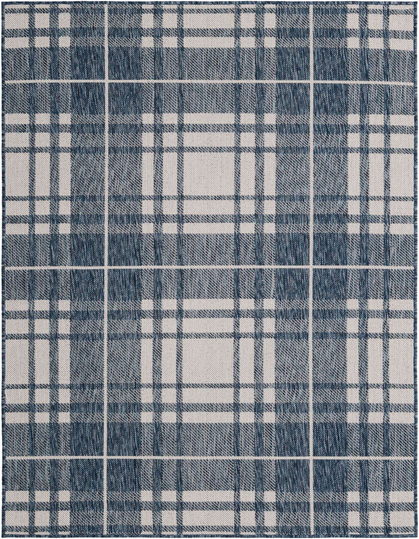 A 4x6 rectangular blue and white modern plaid rug, suitable for indoor or outdoor use.