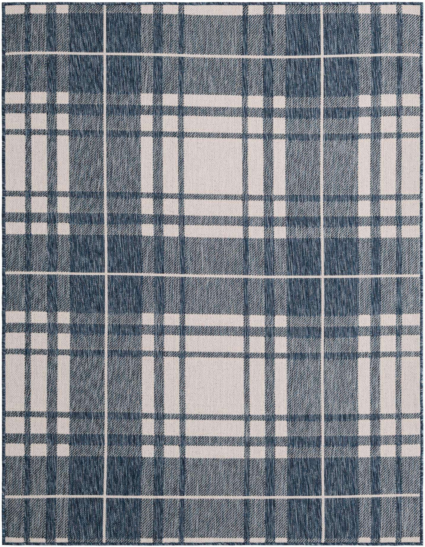 A 5x7 rectangular indoor/outdoor rug featuring a modern blue and off-white plaid pattern with a flat weave texture.