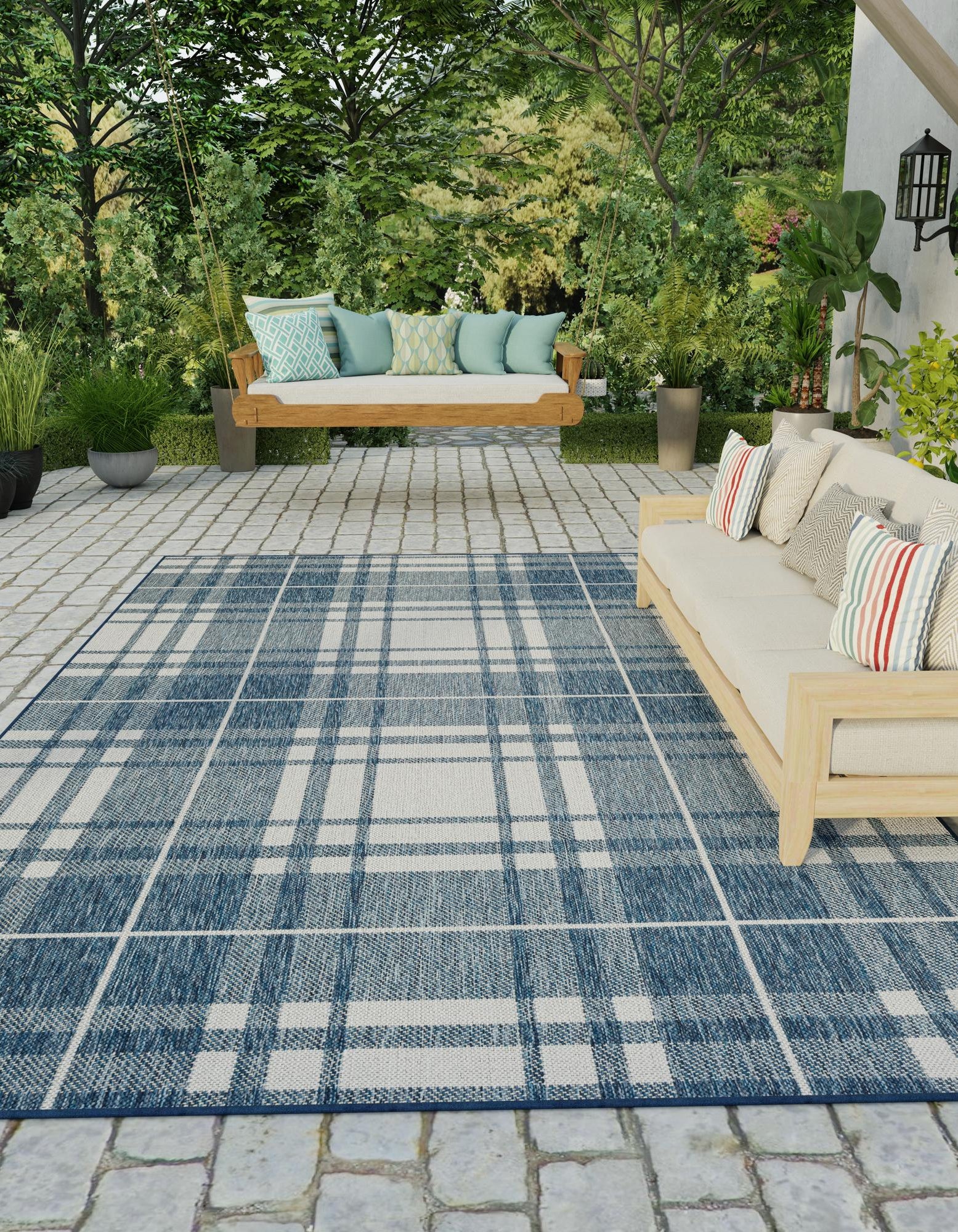 Blue 9' x 12' Checkered Indoor / Outdoor Rug | Rugs.com