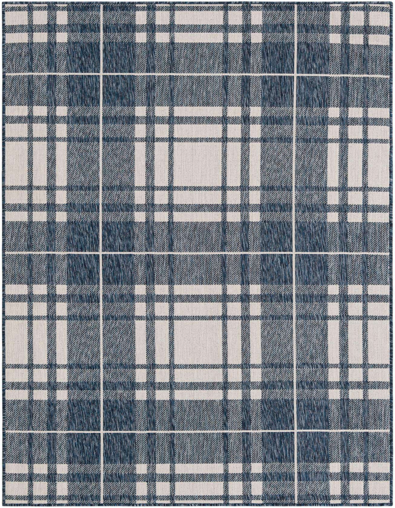 A rectangular 5x8 blue and white plaid flatweave rug, ideal for indoor or outdoor spaces.