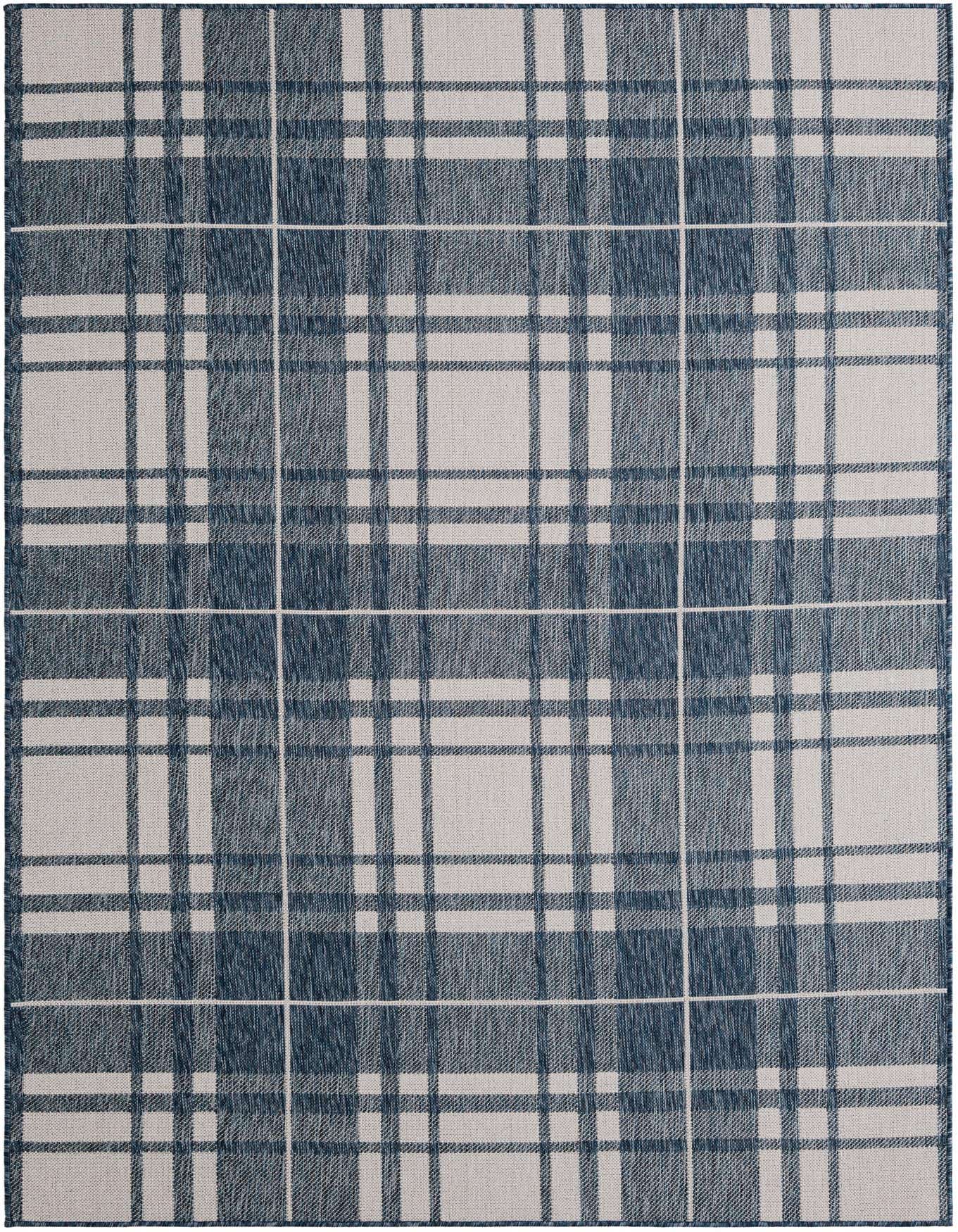 A 6x9 rectangular blue and white modern plaid rug with a flatweave texture, suitable for indoor or outdoor use.
