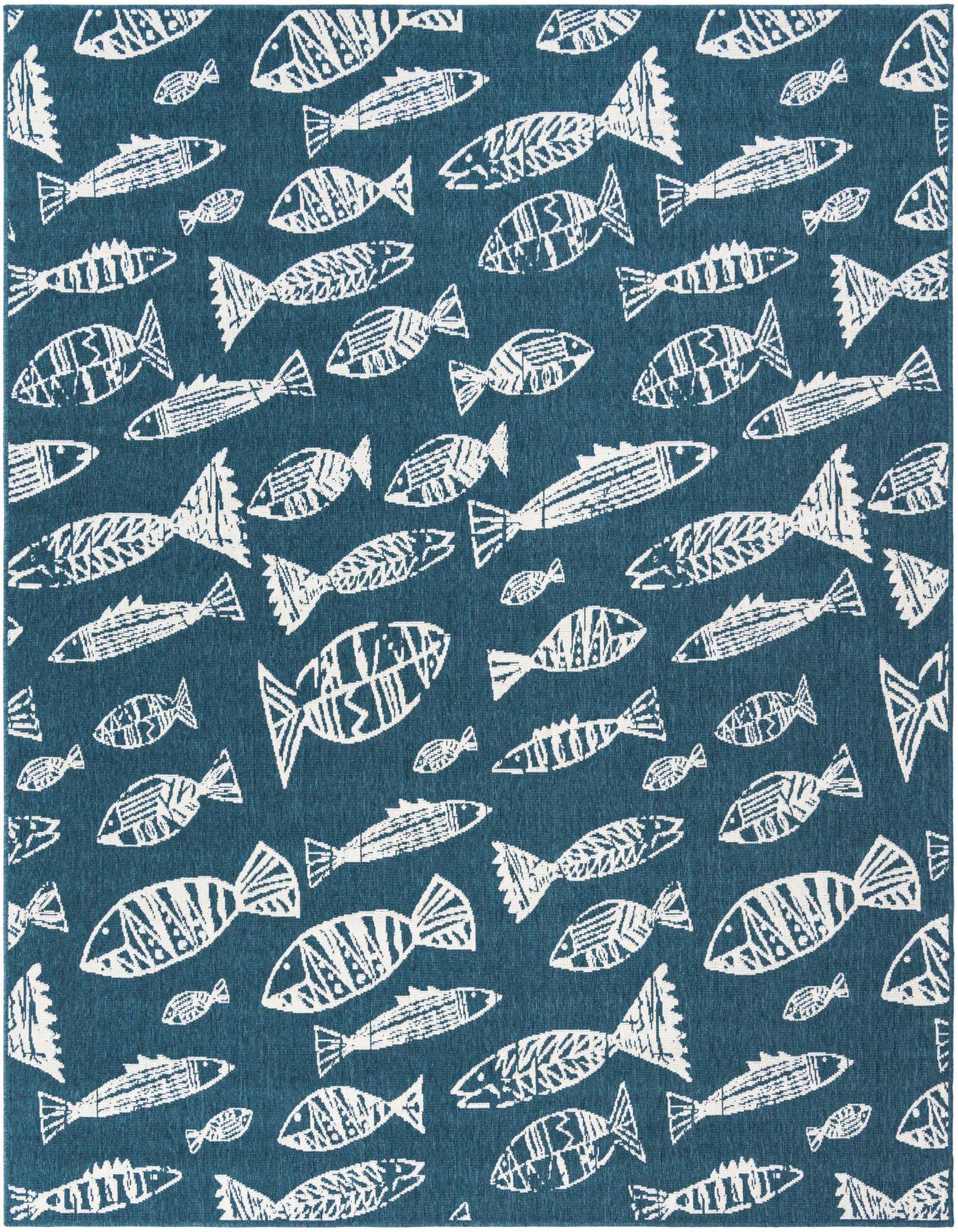 An 8x10 rectangular blue indoor/outdoor rug with a playful pattern of white fish silhouettes, ideal for a patio or living room.
