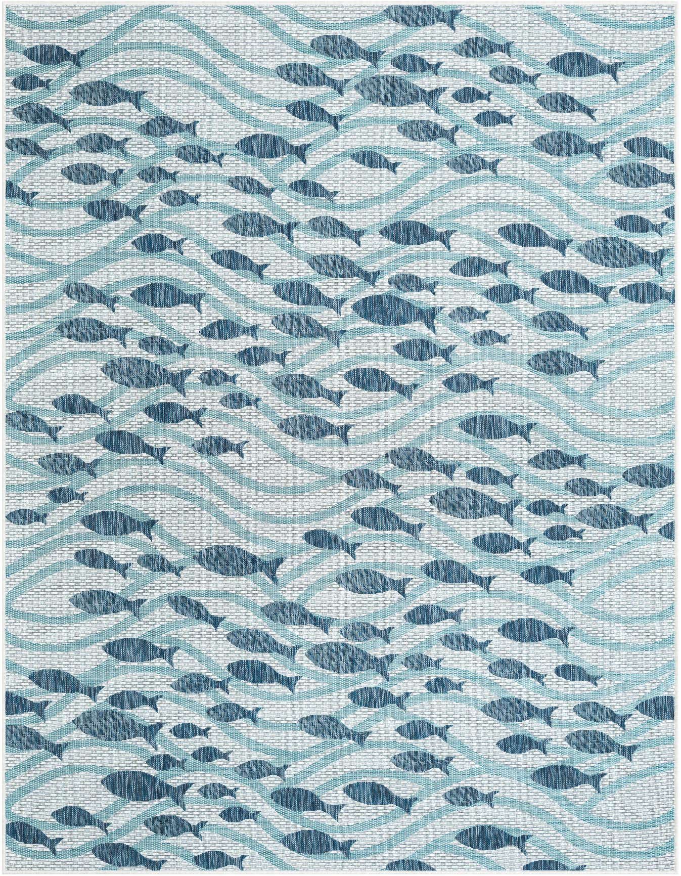 A 6x9 rectangular indoor/outdoor rug featuring a playful coastal design with dark blue fish swimming amidst light blue waves on a white background.