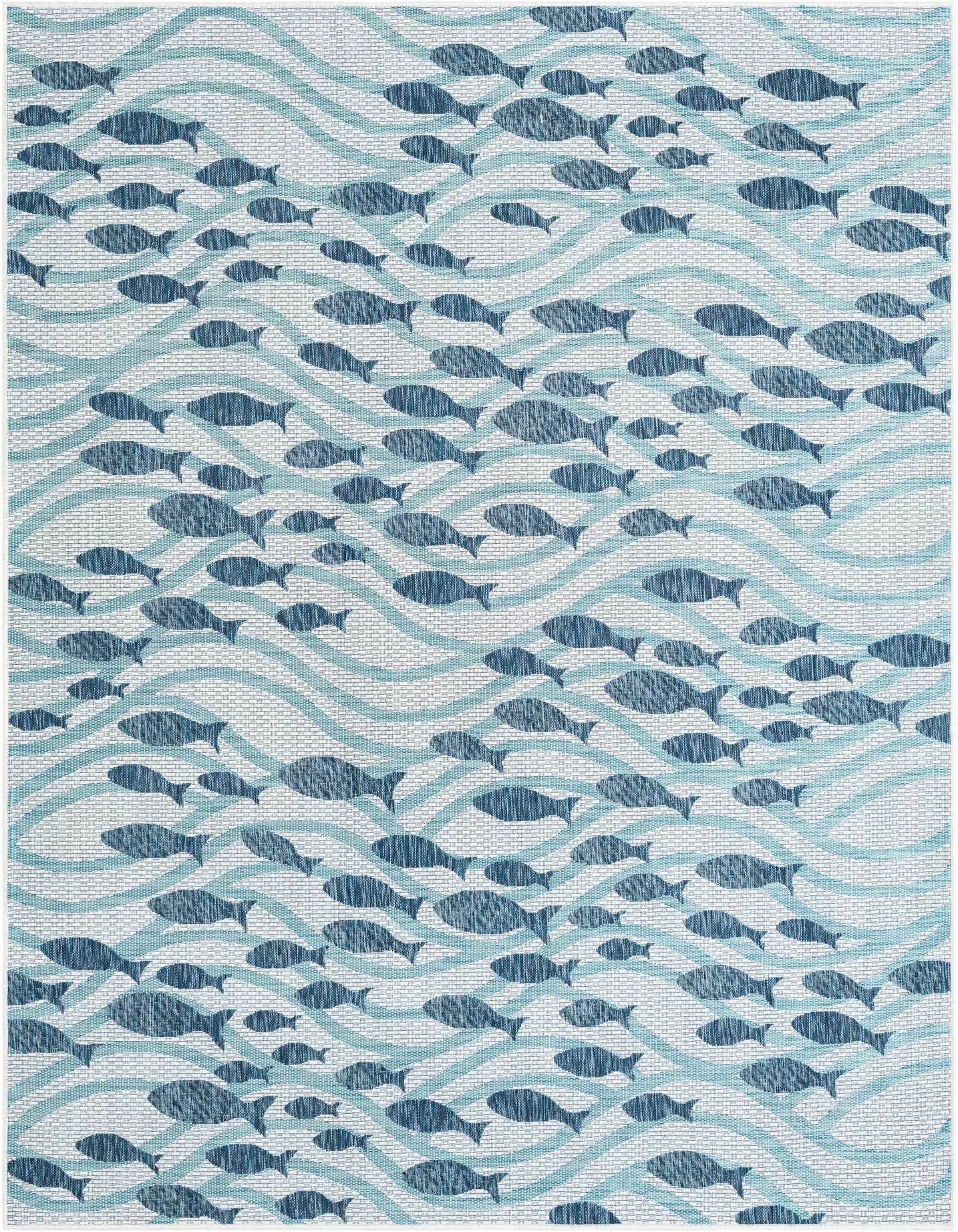 A 7x10 rectangular indoor/outdoor rug featuring a playful blue fish pattern swimming amidst light blue waves on a white background.
