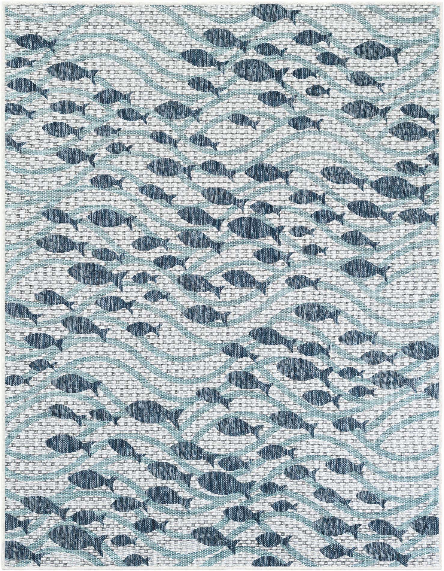 A 5x7 rectangular blue and white indoor/outdoor rug featuring a playful school of fish pattern with wavy blue lines.
