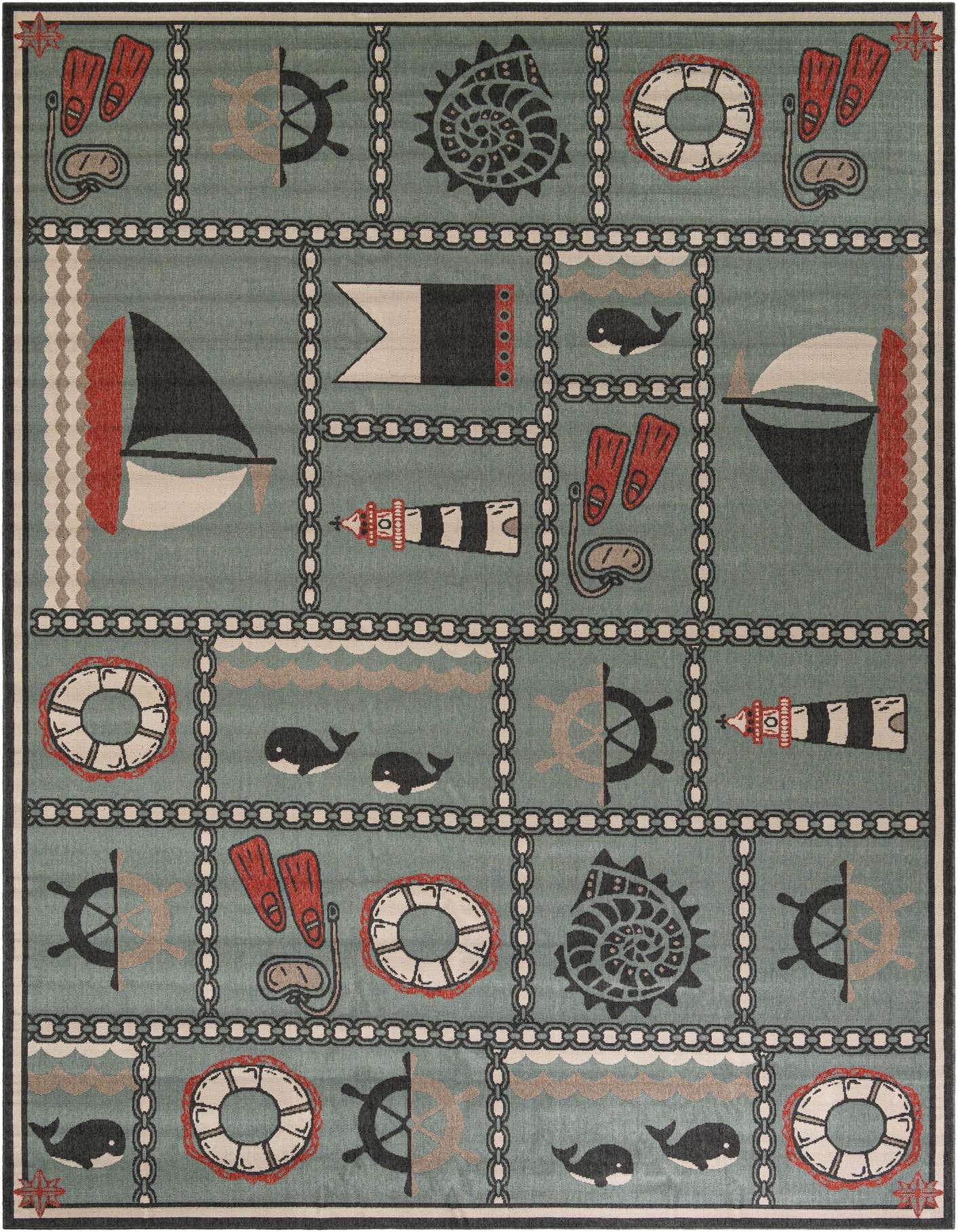 A 10x14 rectangular blue coastal rug featuring a nautical grid pattern with sailboats, anchors, whales, lighthouses, and diving gear.