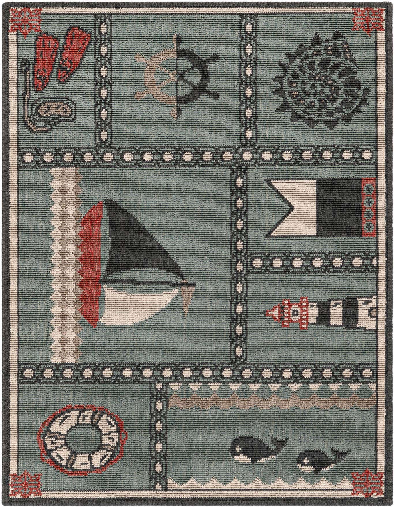 2x3 rectangular blue rug with a modern nautical pattern featuring sailboats, anchors, whales, lighthouses, and diving gear.