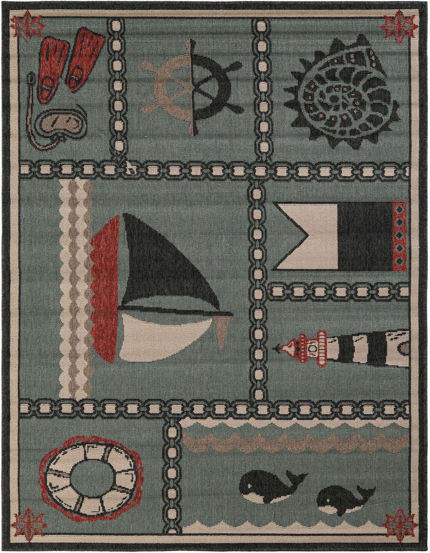 A 4x6 rectangular blue coastal rug featuring nautical motifs like a sailboat, lighthouse, whales, and diving gear, perfect for indoor or outdoor use.