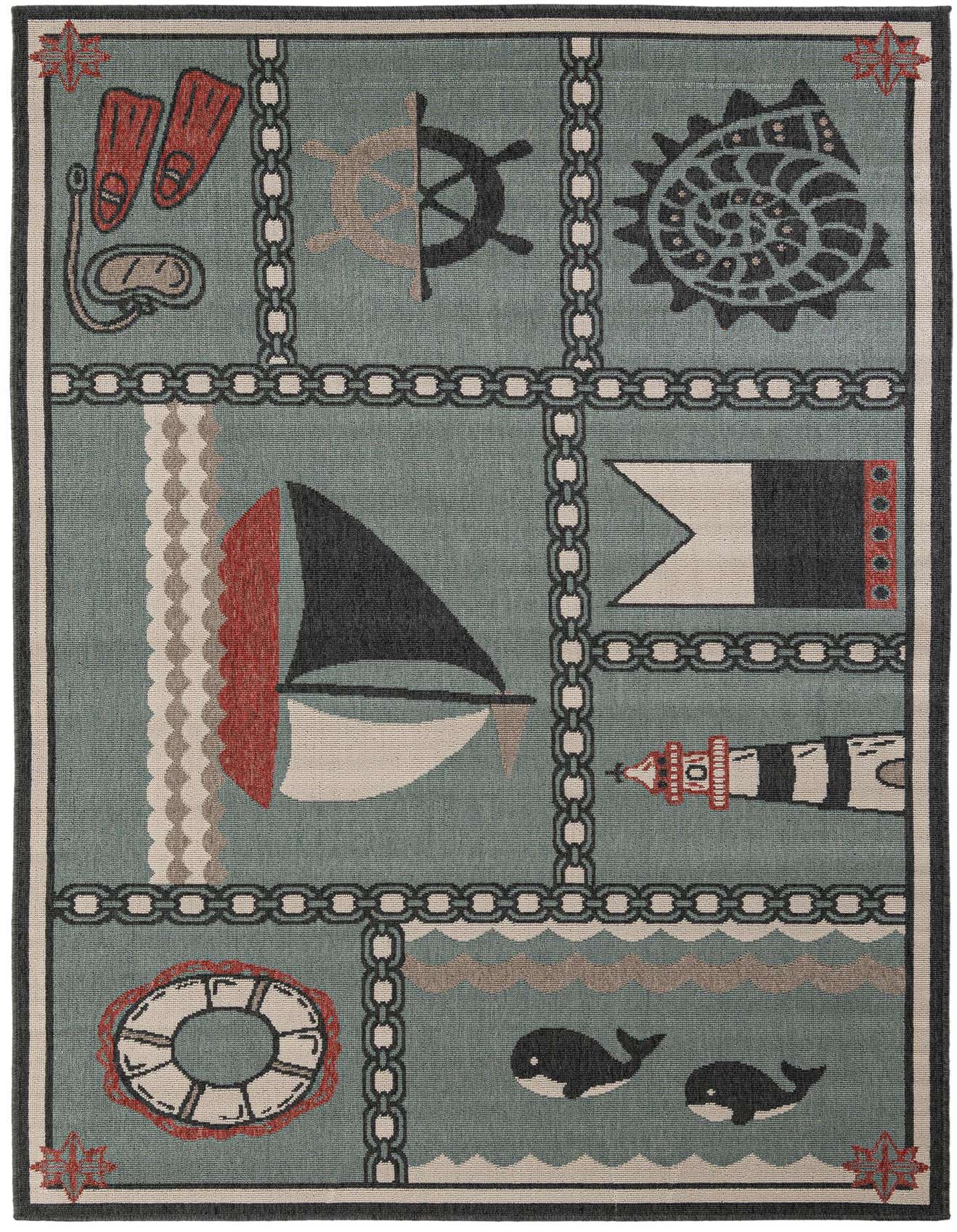 A 5x8 rectangular blue coastal rug featuring a modern nautical pattern with sailboats, anchors, whales, and diving gear, perfect for an indoor or outdoor space.