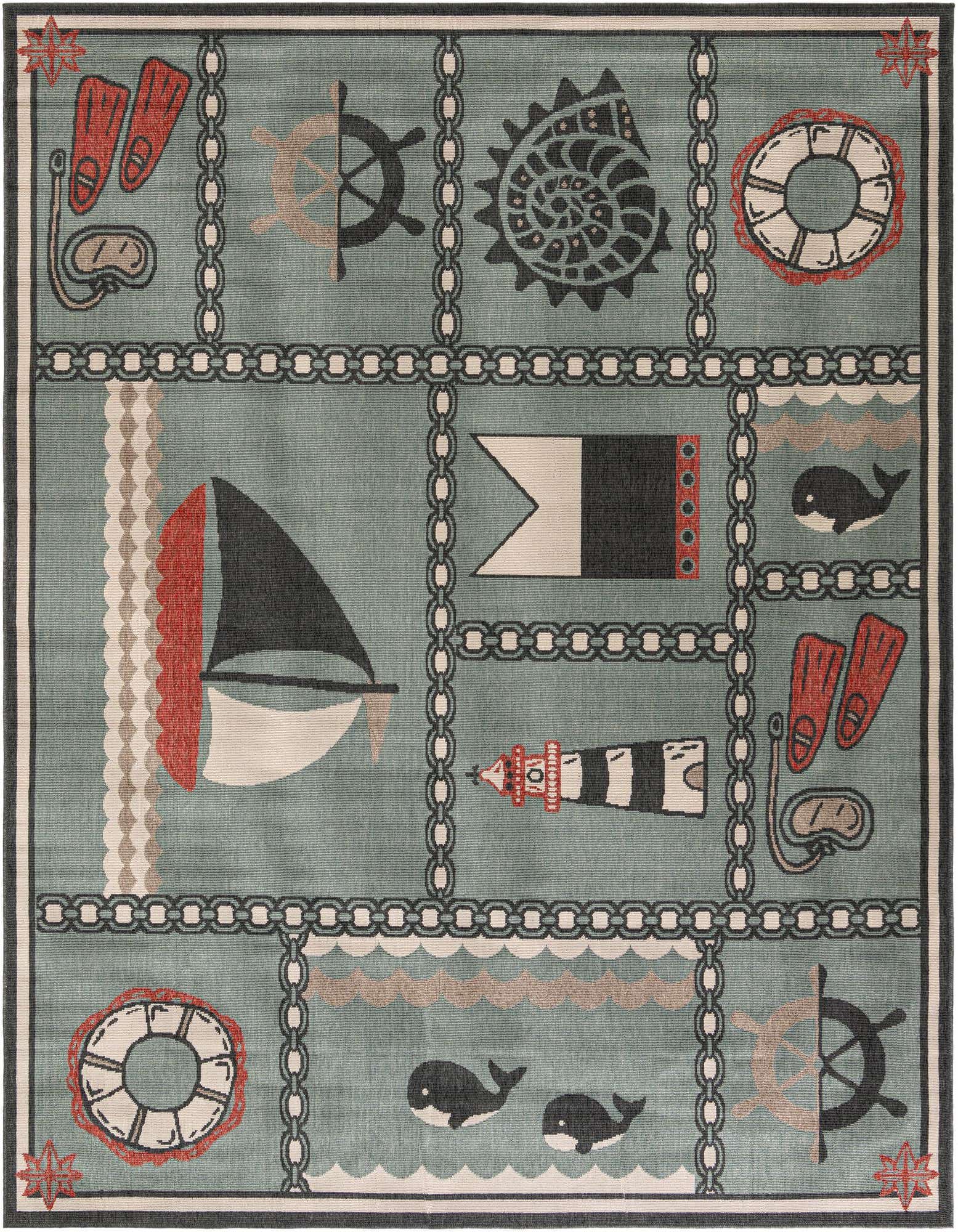 8x10 rectangular blue indoor/outdoor rug with a modern coastal pattern featuring sailboats, anchors, whales, and nautical chains.