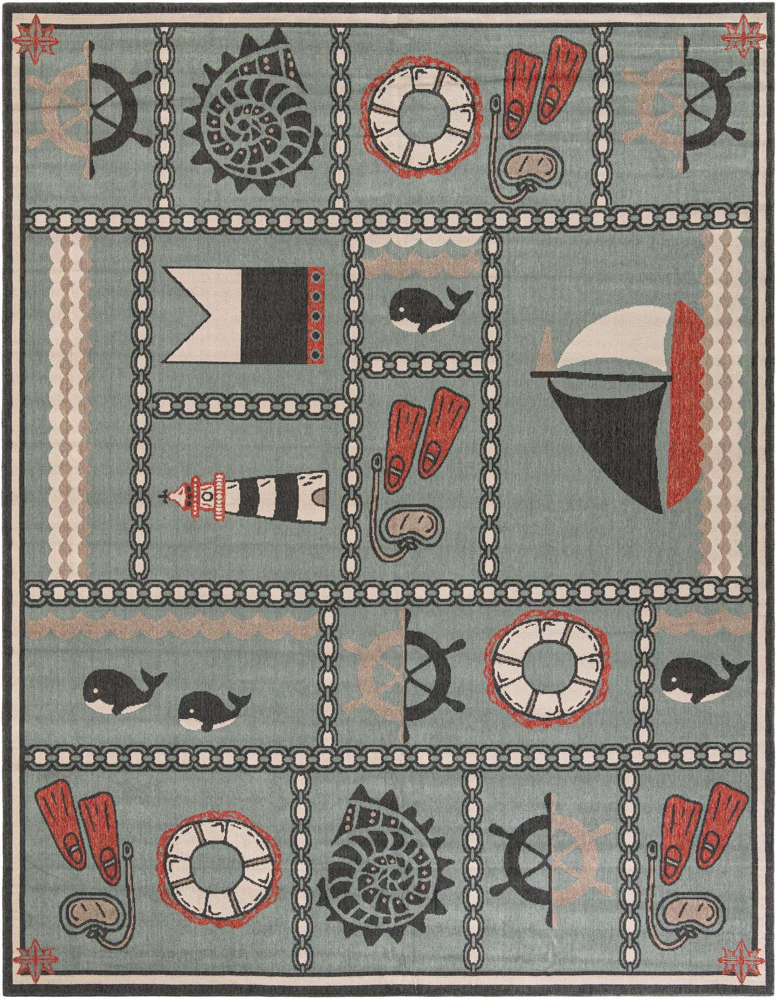 A 9x12 rectangular blue coastal rug featuring a modern abstract pattern of nautical elements like anchors, whales, sailboats, and chains.