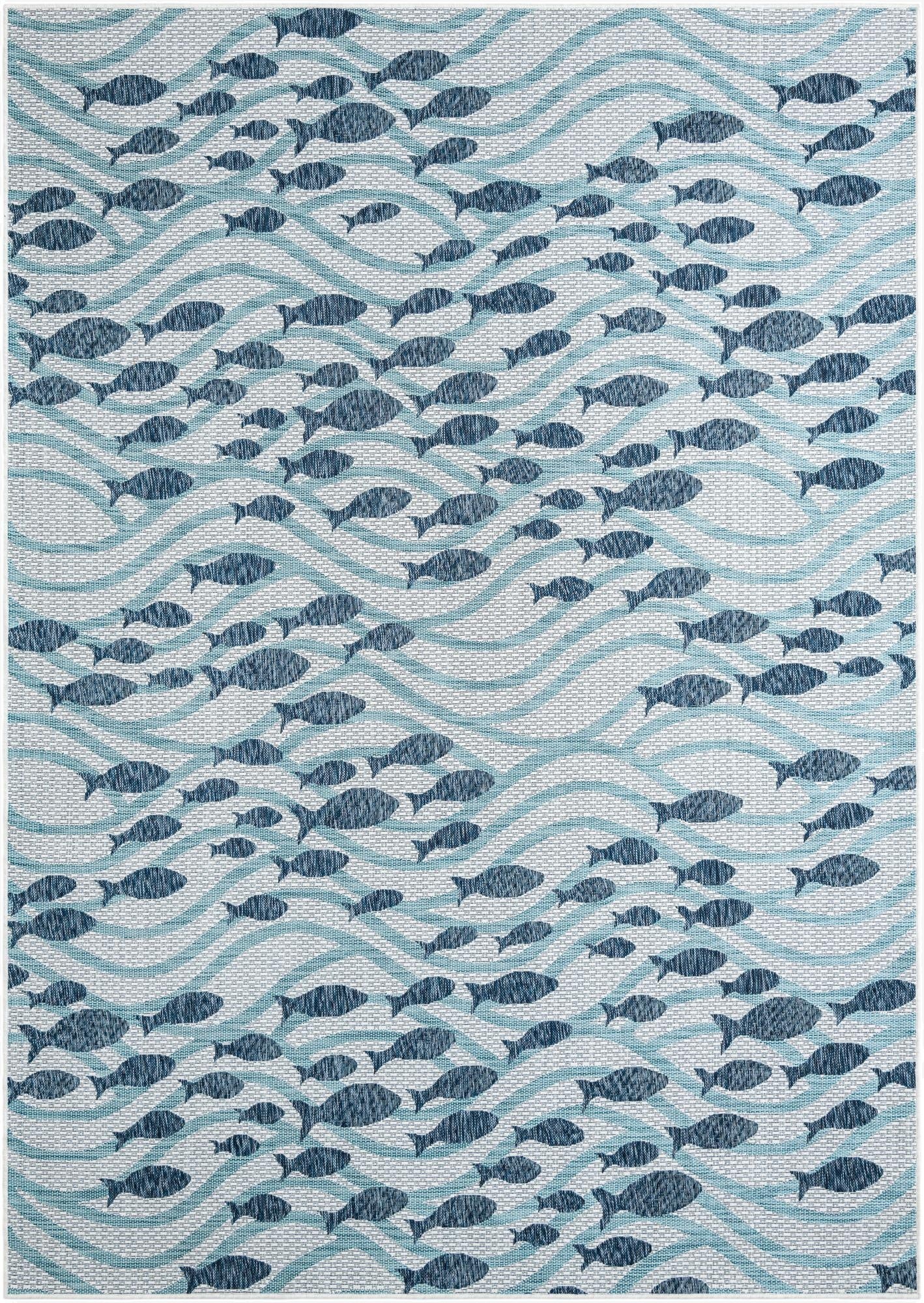 An 8x11 rectangular indoor/outdoor rug featuring a playful coastal design with schools of blue fish swimming amidst light blue waves on a white background.