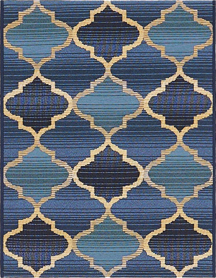 A 2x3 rectangular blue indoor/outdoor rug with a beige trellis pattern and varying shades of blue, ideal for a patio or entryway.