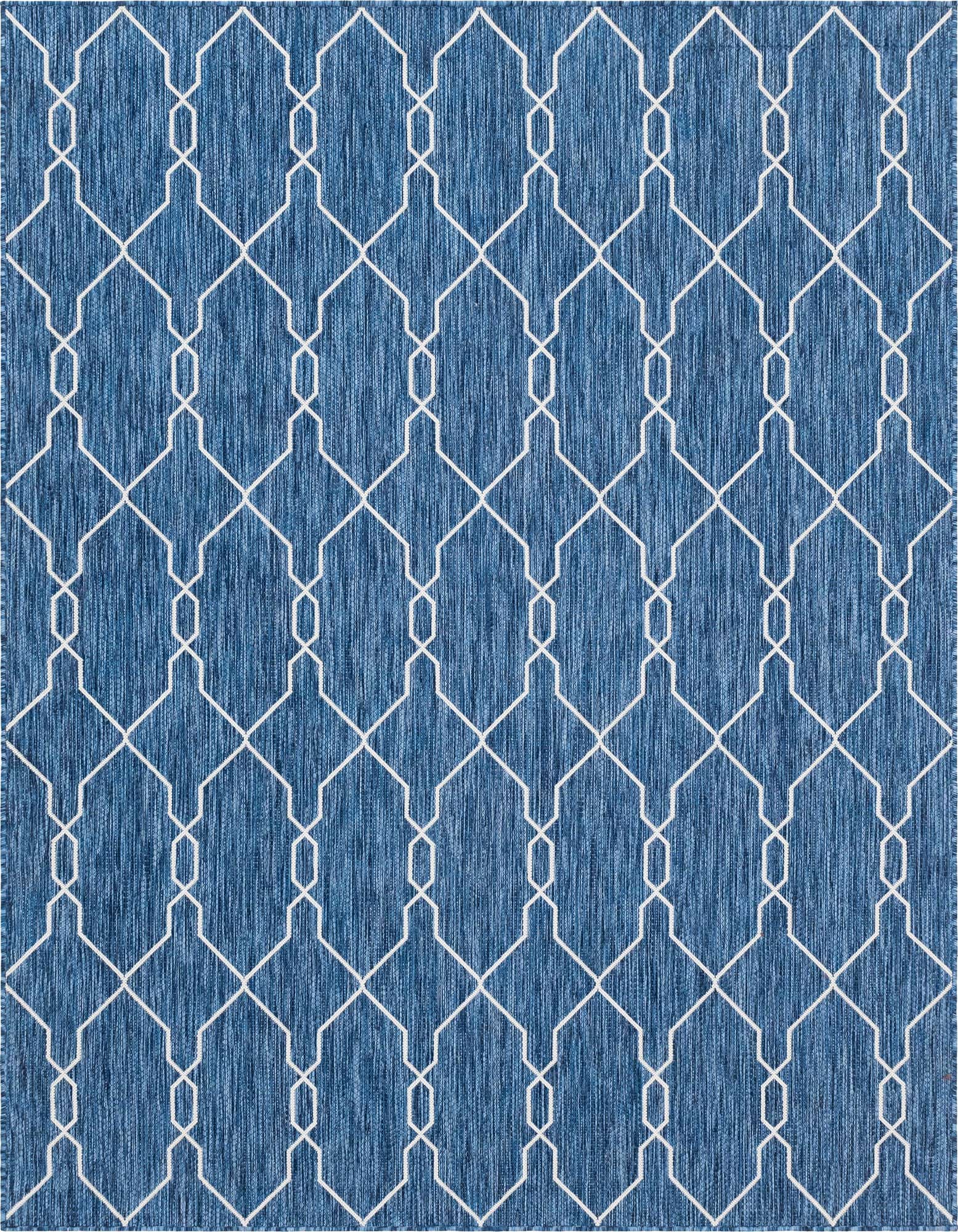 A 7x10 rectangular blue and white flatweave rug with a repeating geometric lattice pattern, suitable for indoor or outdoor use.