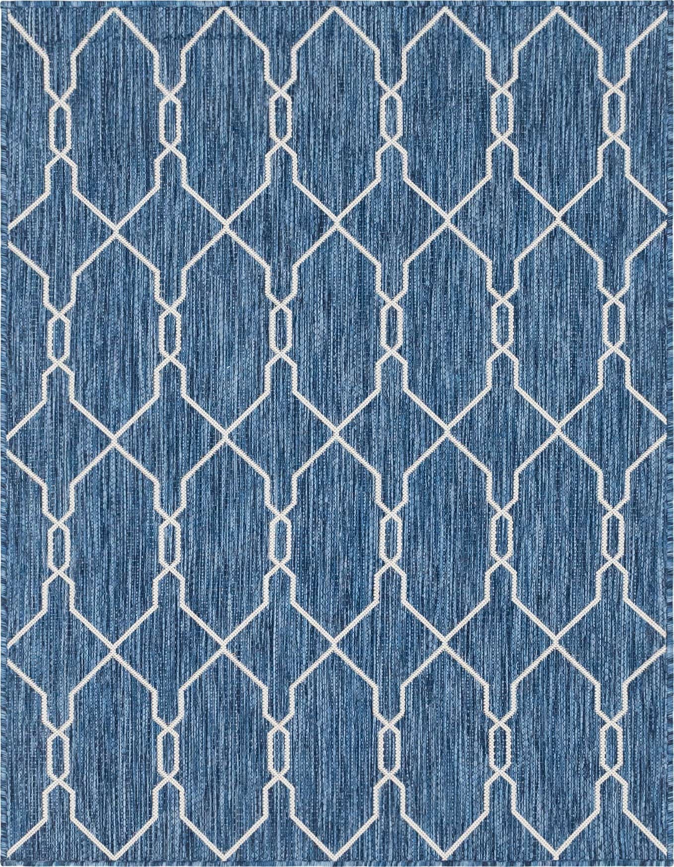 A 4x6 rectangular blue indoor/outdoor rug with a white geometric lattice pattern, suitable for a patio or living room.