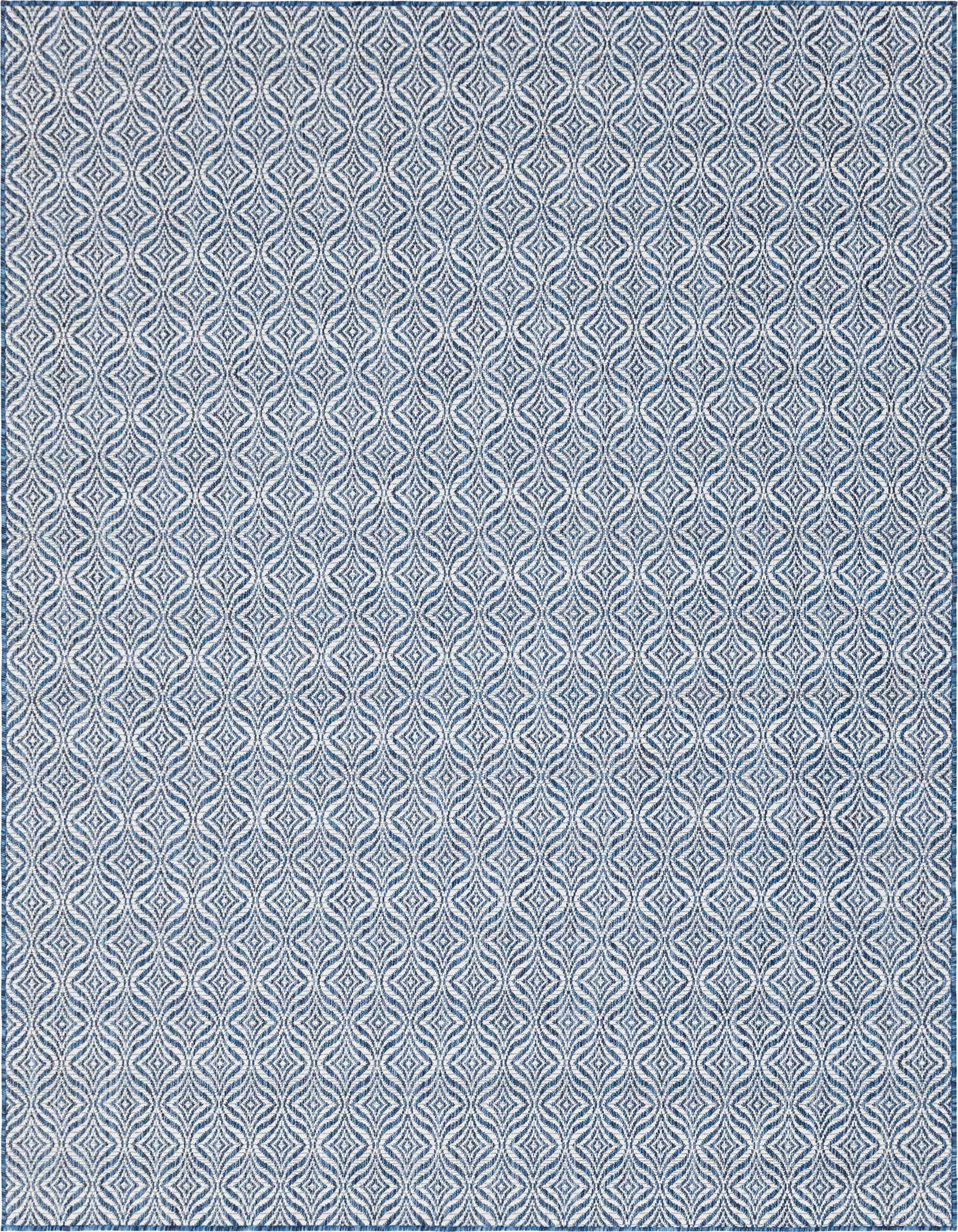 A 7x10 rectangular blue and white flatweave rug with a repeating trellis pattern, suitable for indoor or outdoor use.