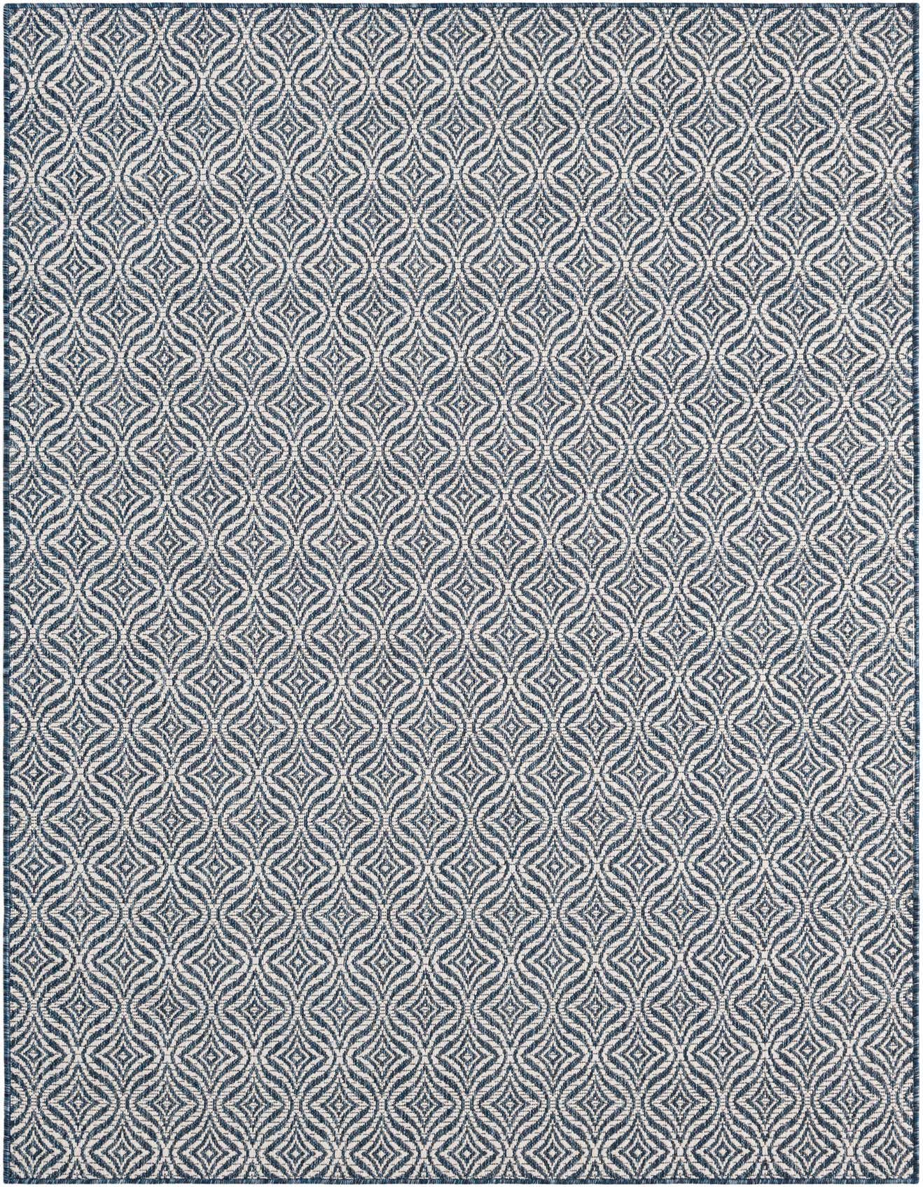 A 5x8 rectangular blue and white indoor/outdoor rug with a repeating trellis pattern, ideal for a patio or living room.